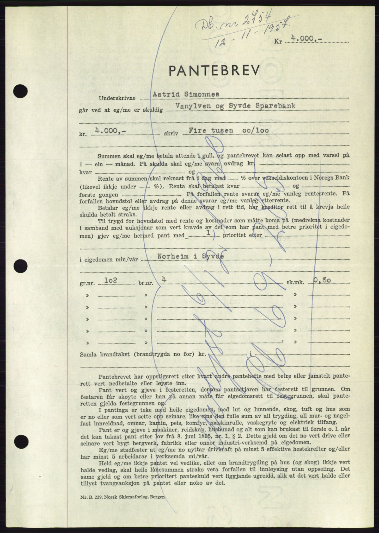 Søre Sunnmøre sorenskriveri, AV/SAT-A-4122/1/2/2C/L0130: Mortgage book no. 18B, 1957-1958, Diary no: : 2754/1957