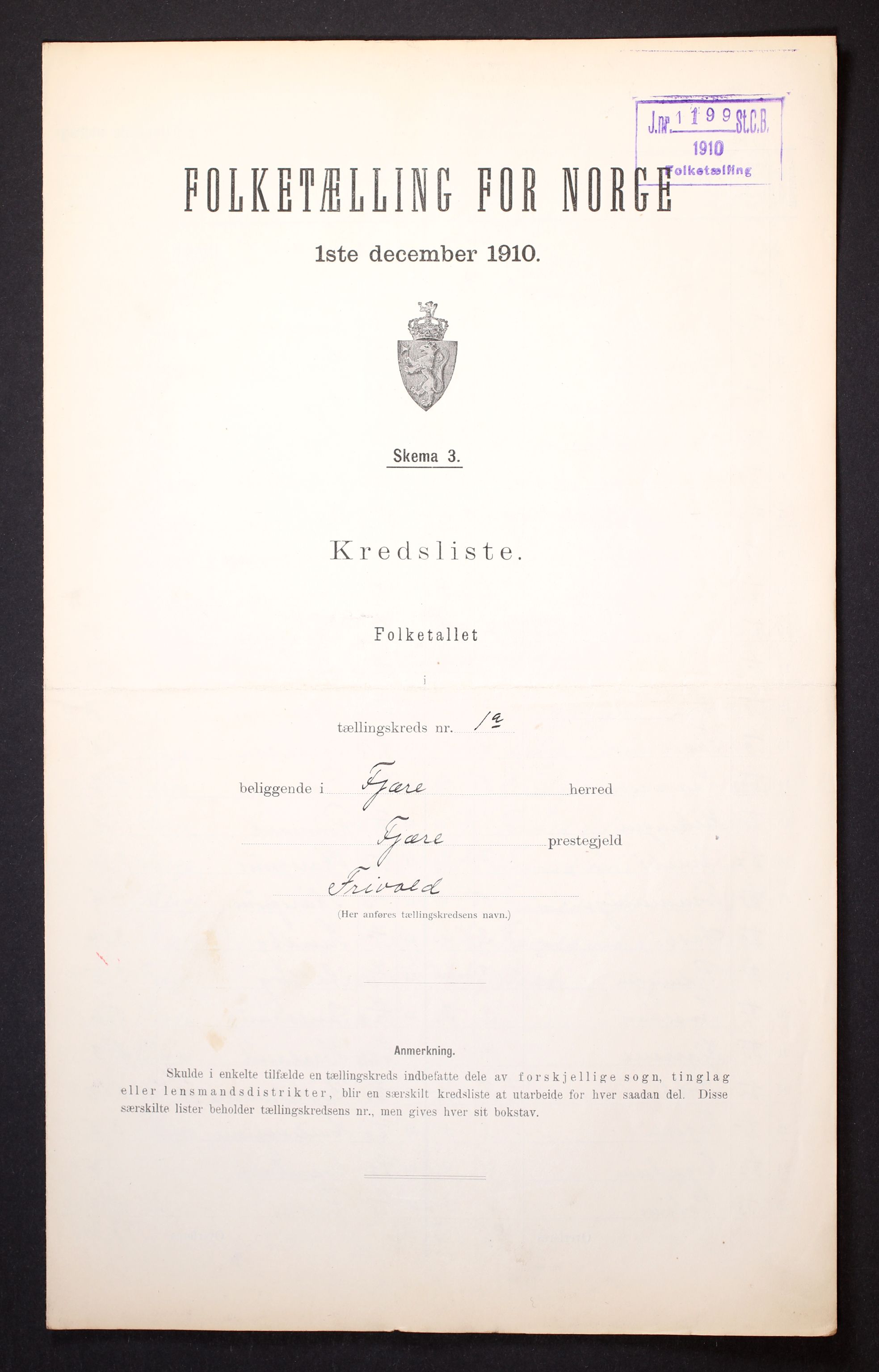 RA, 1910 census for Fjære, 1910, p. 4