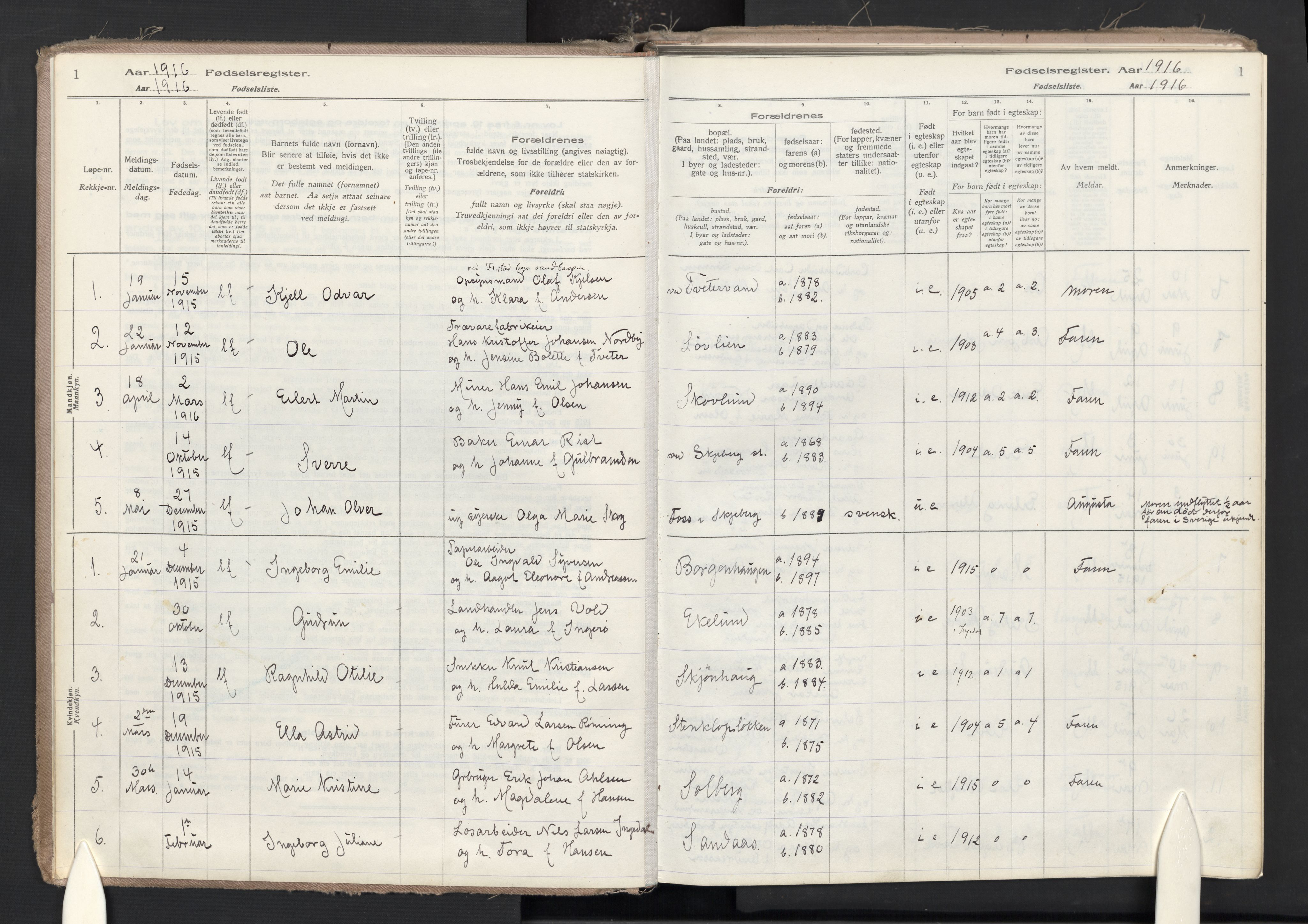 Skjeberg prestekontor Kirkebøker, SAO/A-10923/J/Ja/L0001: Birth register no. I 1, 1916-1945, p. 1