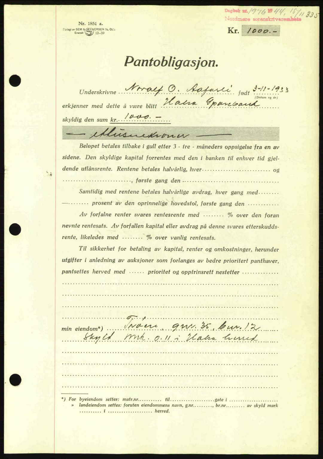 Nordmøre sorenskriveri, AV/SAT-A-4132/1/2/2Ca: Mortgage book no. B92, 1944-1945, Diary no: : 1976/1944