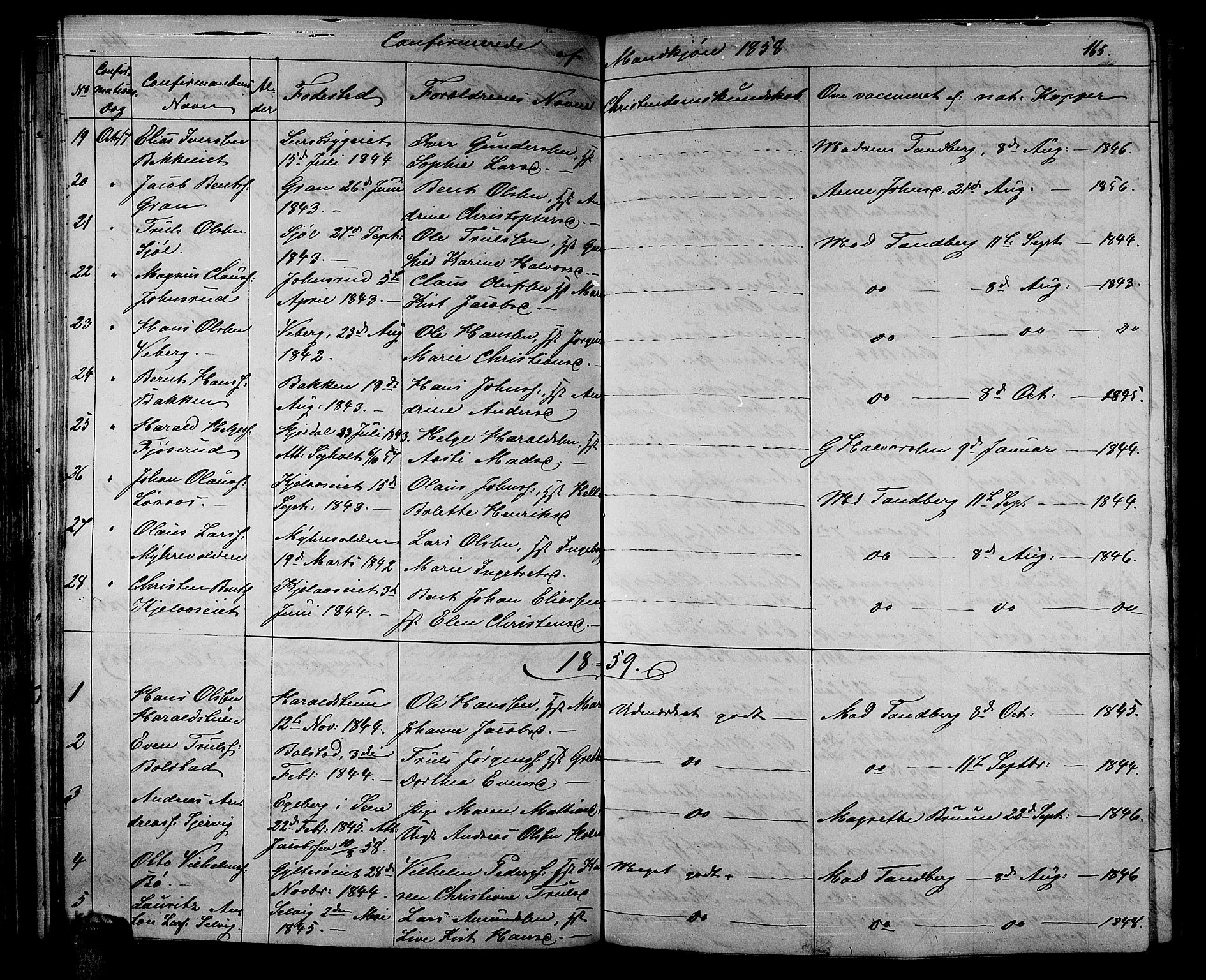 Sande Kirkebøker, AV/SAKO-A-53/G/Ga/L0002: Parish register (copy) no. 2, 1847-1863, p. 165