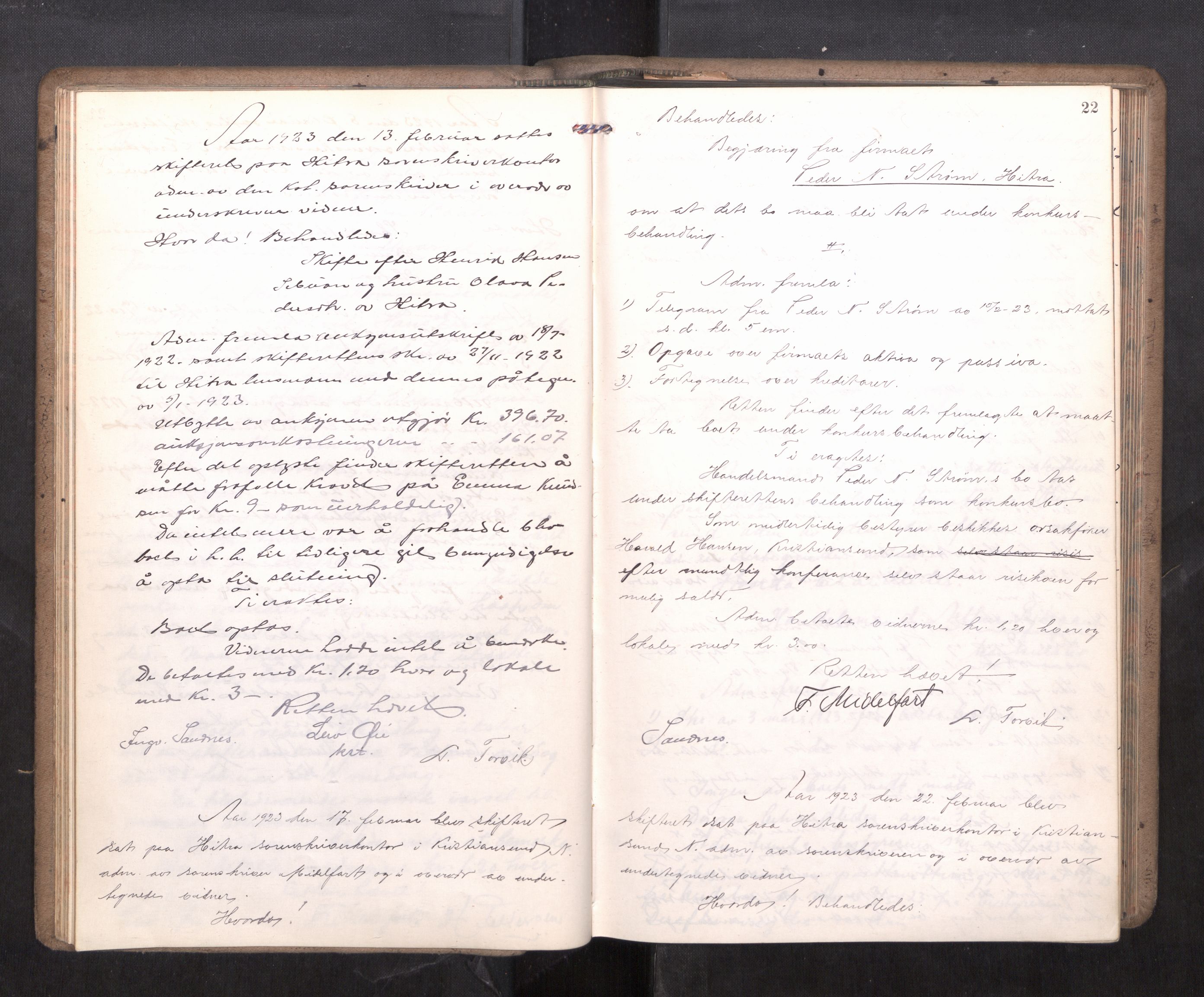 Hitra sorenskriveri, AV/SAT-A-0018/3/3B/L0002: Skifteforhandlingsprotokoll, 1922-1927, p. 21b-22a