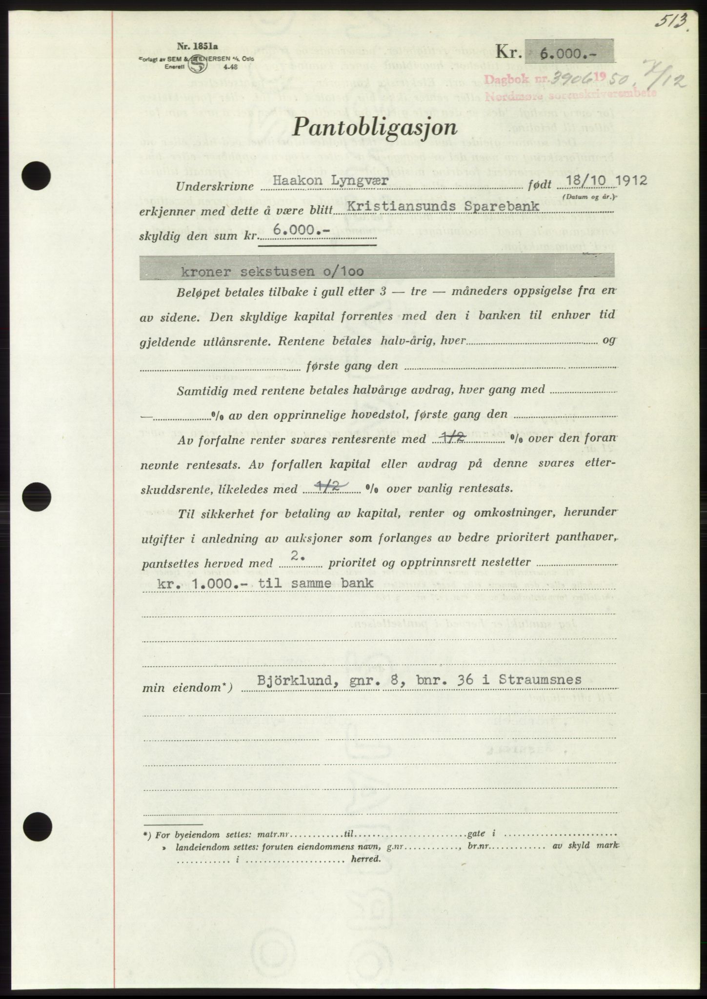 Nordmøre sorenskriveri, AV/SAT-A-4132/1/2/2Ca: Mortgage book no. B106, 1950-1950, Diary no: : 3906/1950