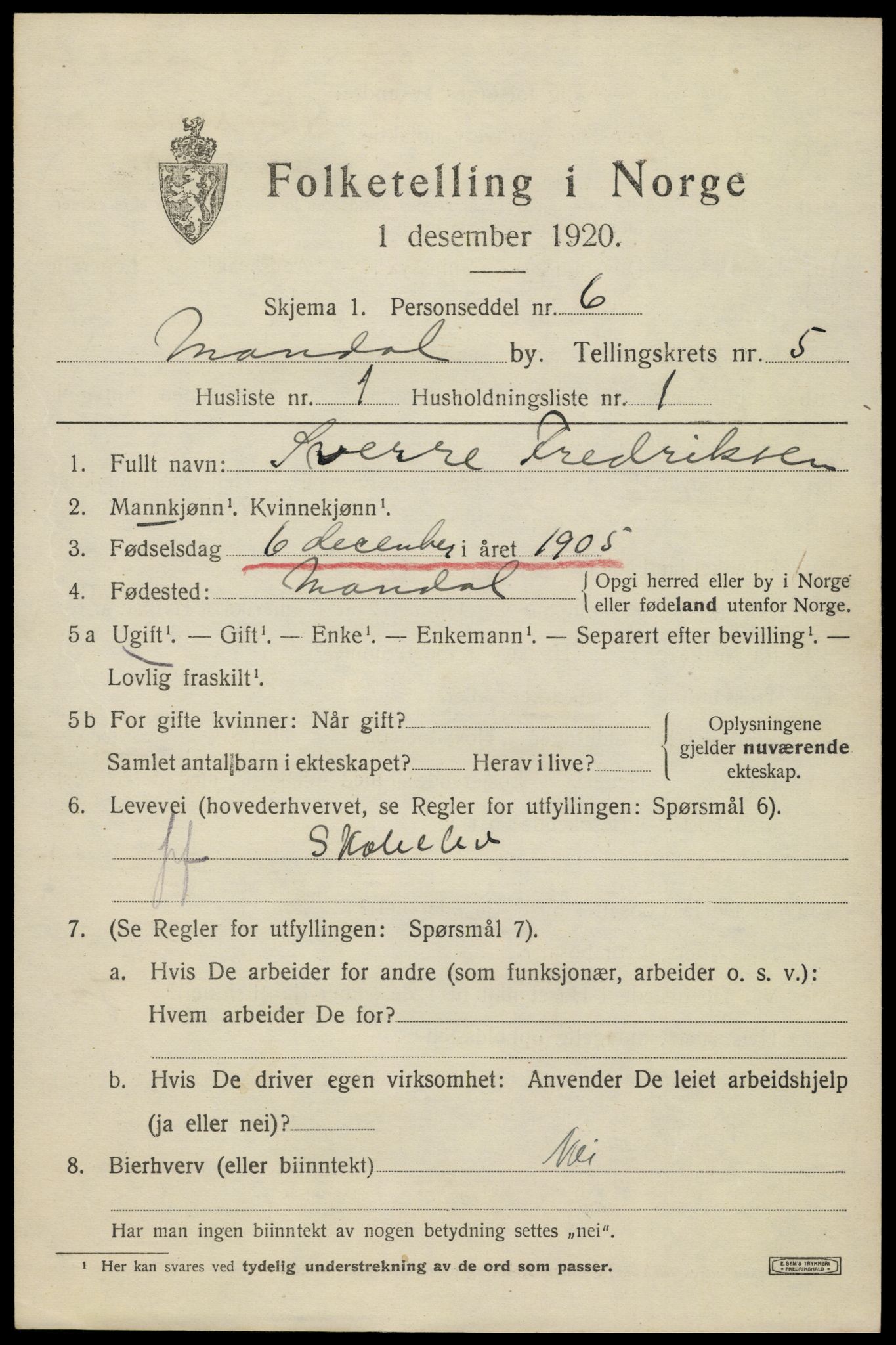 SAK, 1920 census for Mandal, 1920, p. 8211