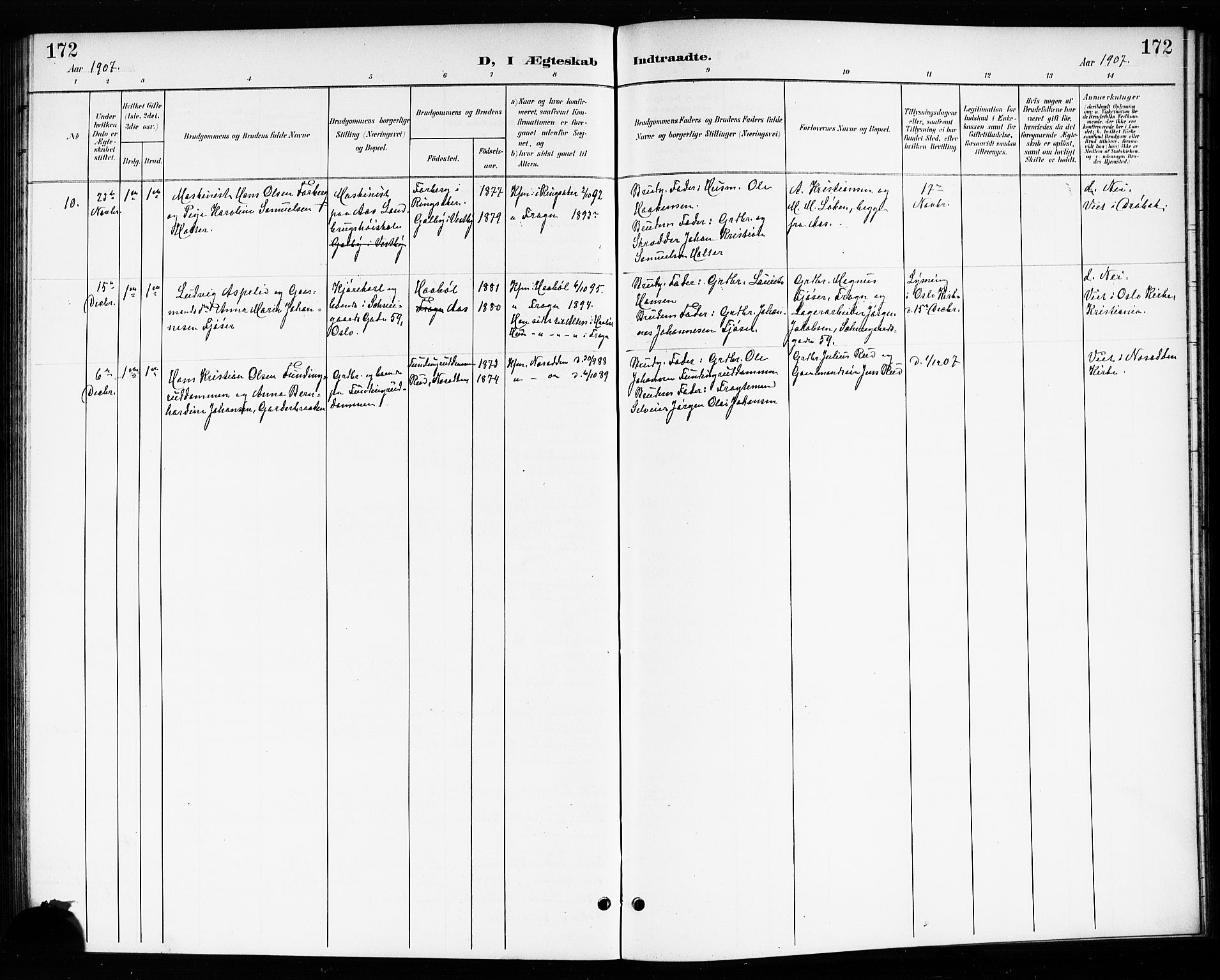 Drøbak prestekontor Kirkebøker, AV/SAO-A-10142a/G/Gb/L0001: Parish register (copy) no. II 1, 1901-1919, p. 172