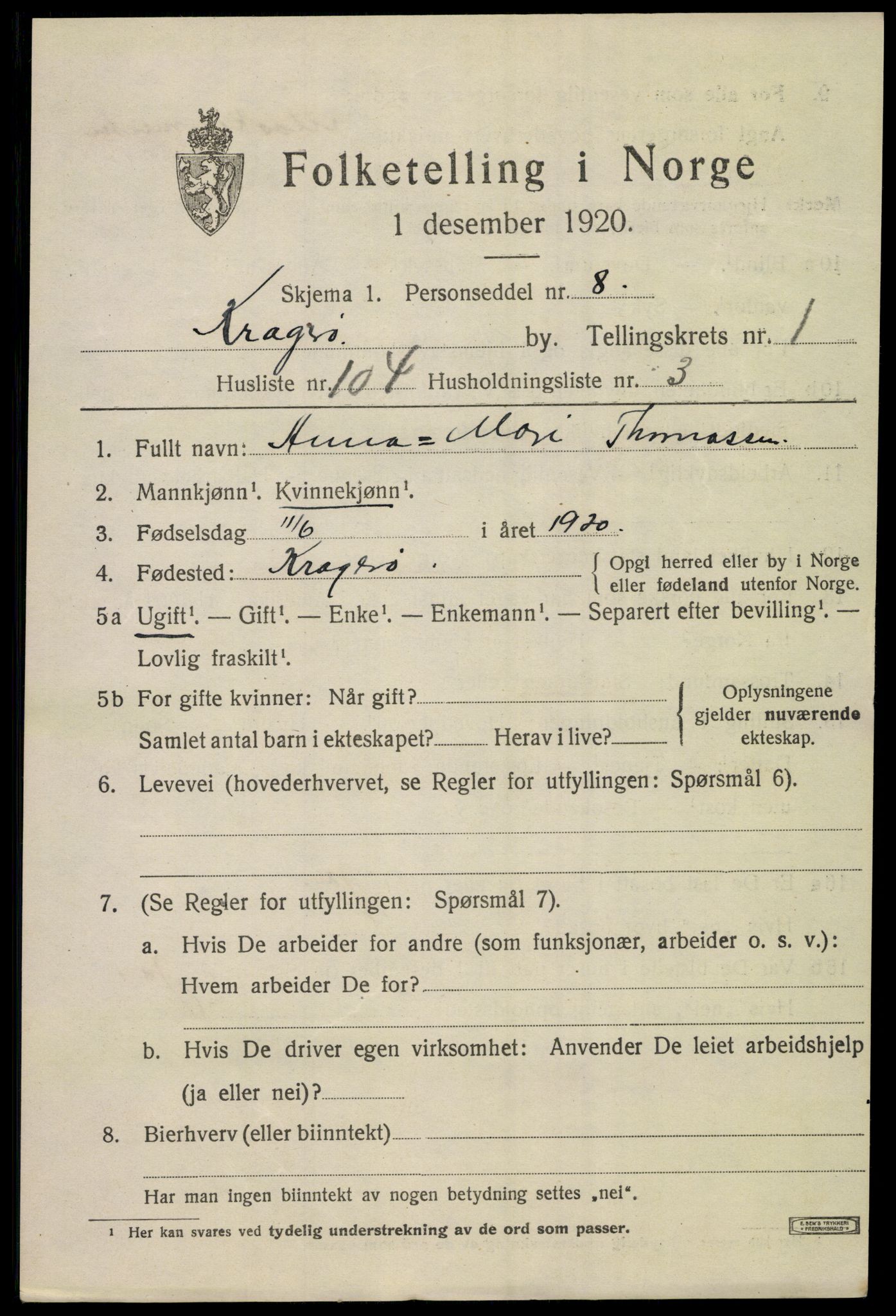SAKO, 1920 census for Kragerø, 1920, p. 5325