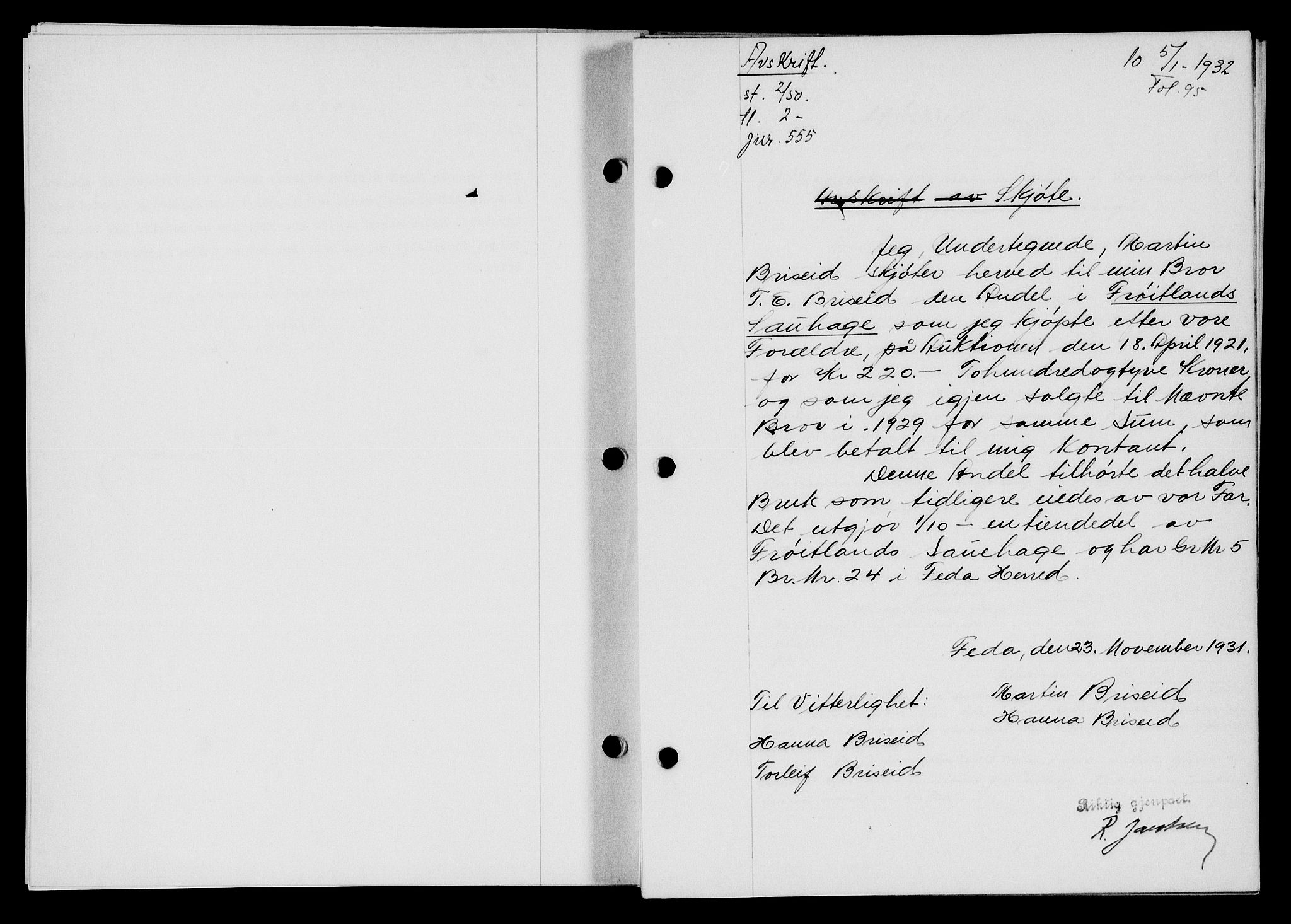 Flekkefjord sorenskriveri, SAK/1221-0001/G/Gb/Gba/L0047: Mortgage book no. 45, 1931-1932, Deed date: 05.01.1932