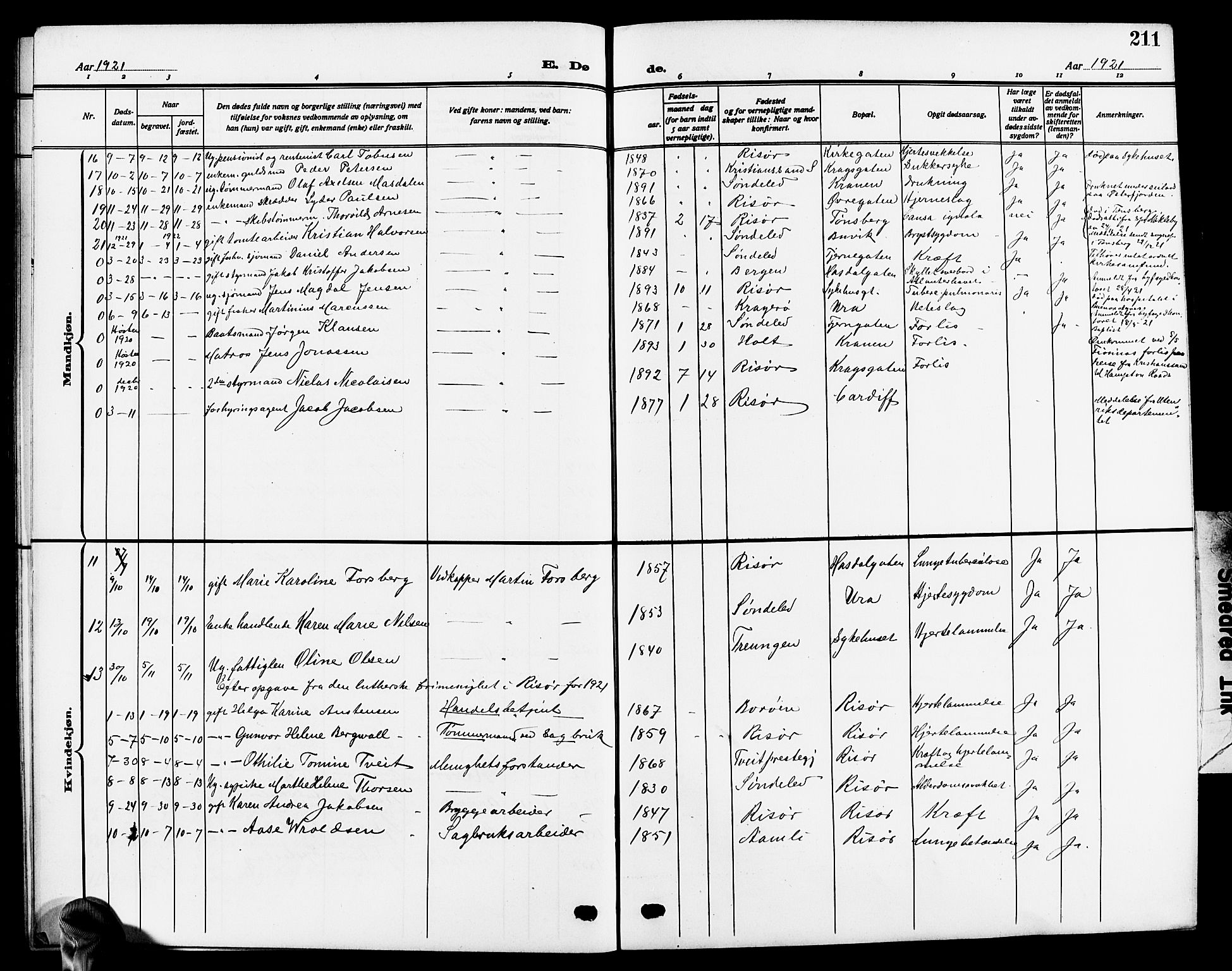 Risør sokneprestkontor, SAK/1111-0035/F/Fb/L0008: Parish register (copy) no. B 8, 1909-1921, p. 211
