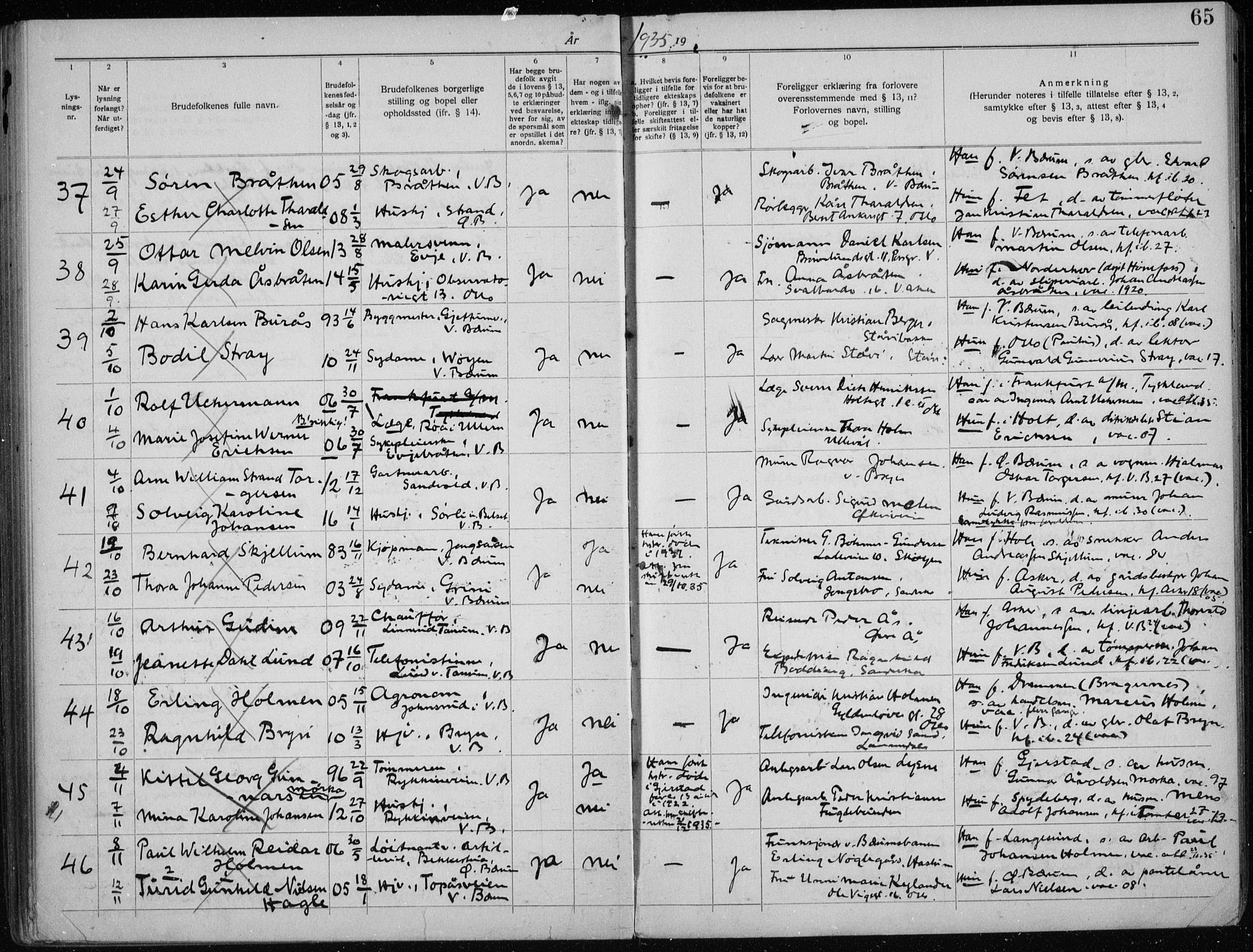Vestre Bærum prestekontor Kirkebøker, AV/SAO-A-10209a/H/L0001: Banns register no. 1, 1919-1941, p. 65