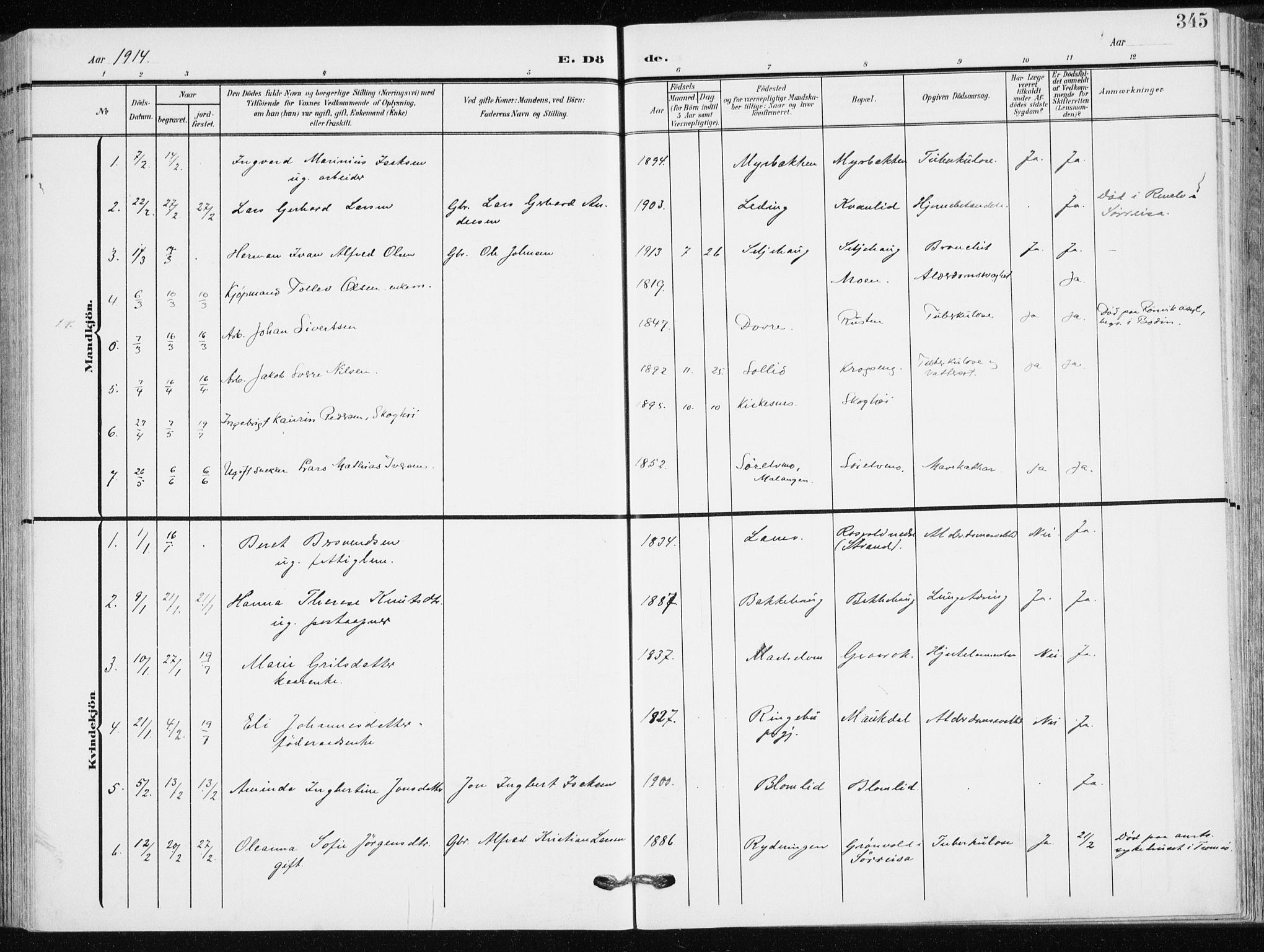 Målselv sokneprestembete, AV/SATØ-S-1311/G/Ga/Gaa/L0011kirke: Parish register (official) no. 11, 1904-1918, p. 345