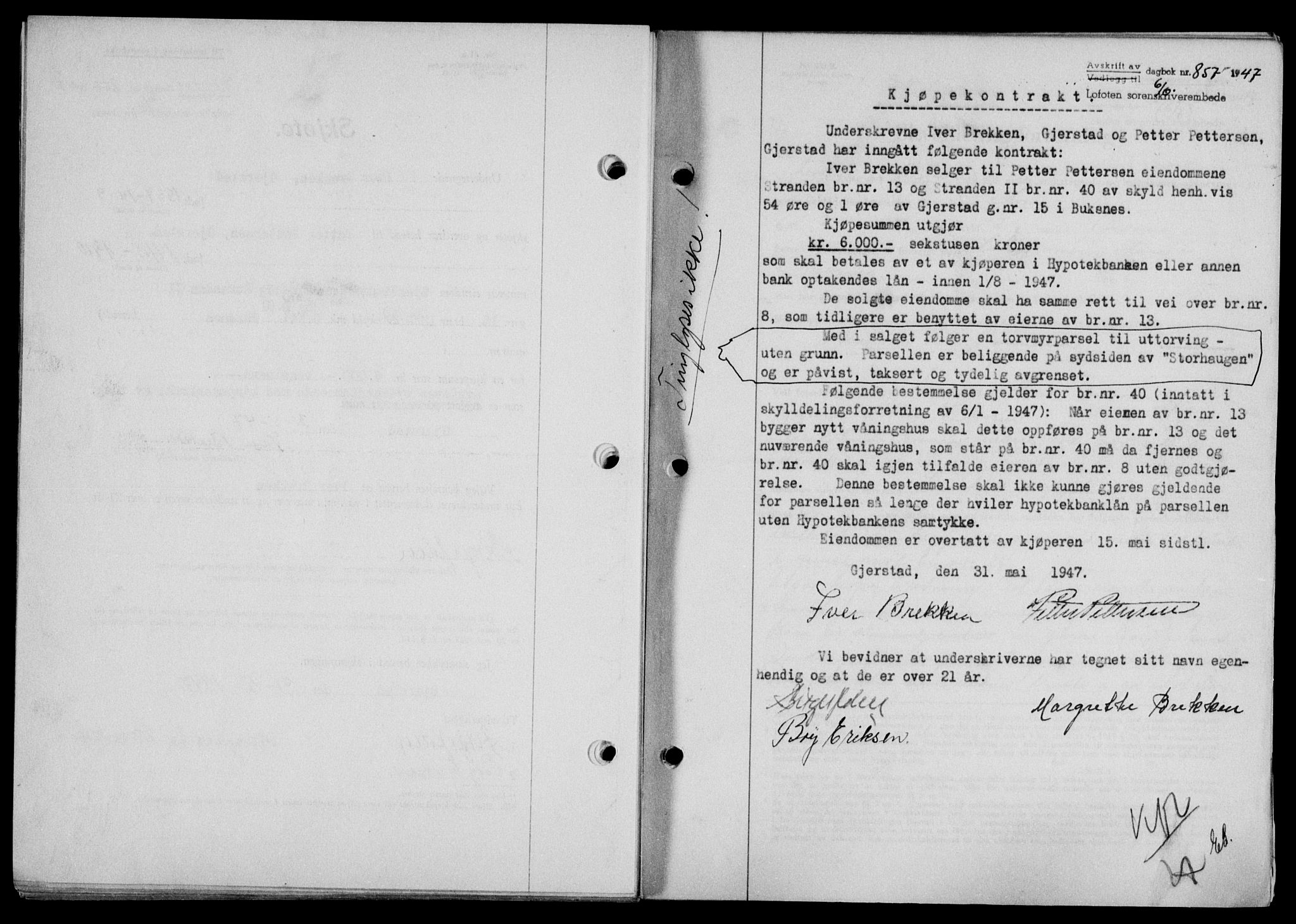 Lofoten sorenskriveri, SAT/A-0017/1/2/2C/L0016a: Mortgage book no. 16a, 1947-1947, Diary no: : 857/1947