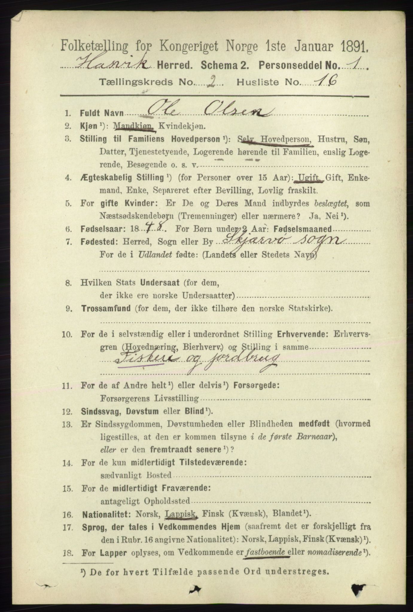 RA, 1891 census for 2015 Hasvik, 1891, p. 380