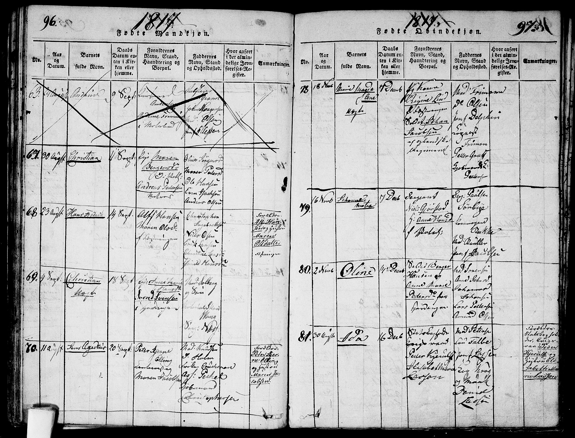 Garnisonsmenigheten Kirkebøker, AV/SAO-A-10846/G/Ga/L0003: Parish register (copy) no. 3, 1815-1819, p. 96-97