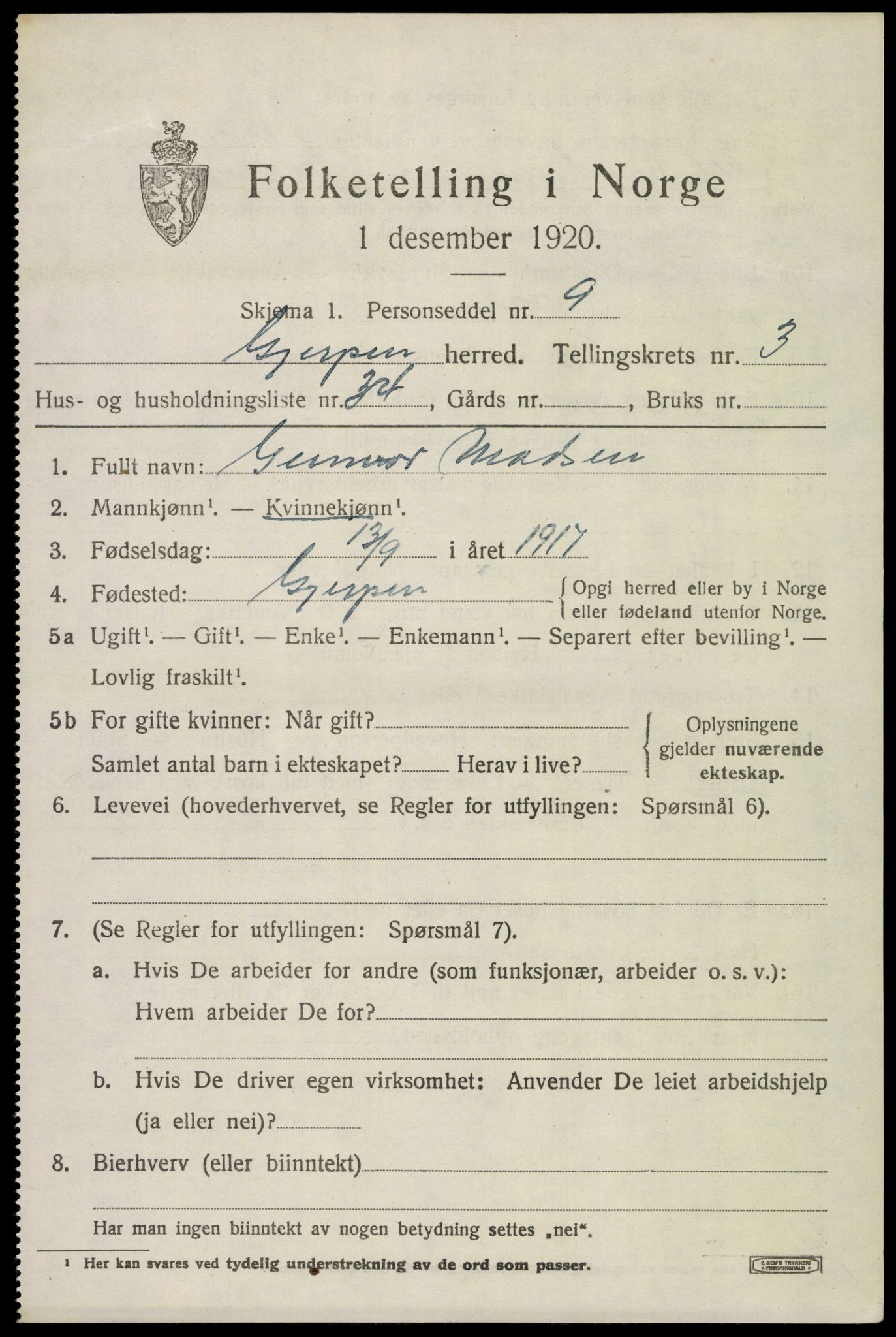 SAKO, 1920 census for Gjerpen, 1920, p. 5616