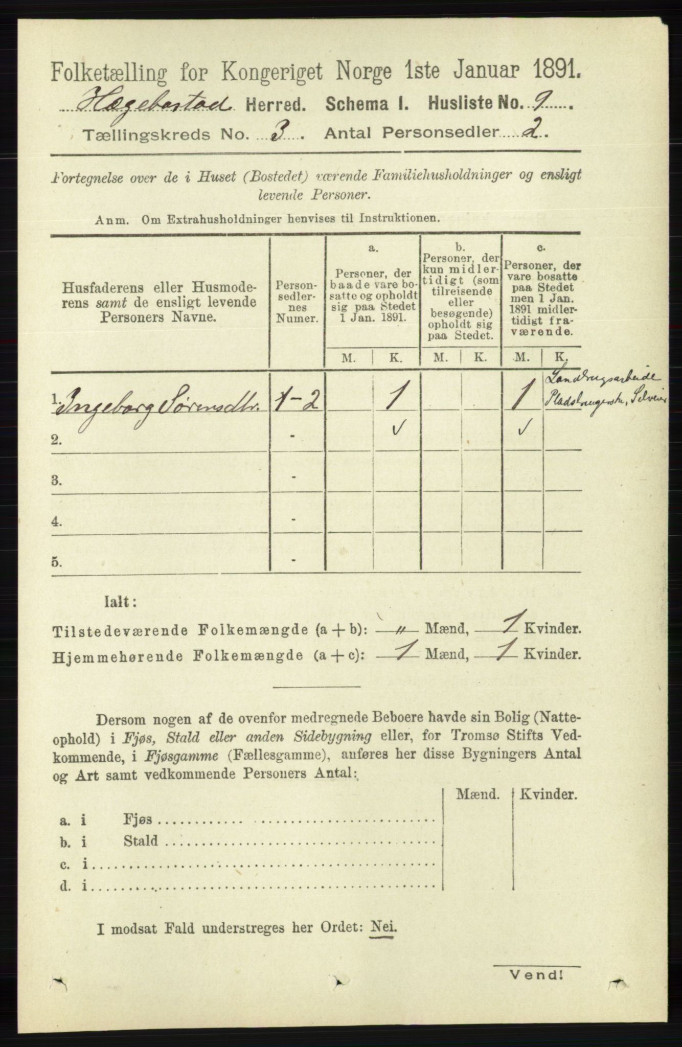 RA, 1891 census for 1034 Hægebostad, 1891, p. 825