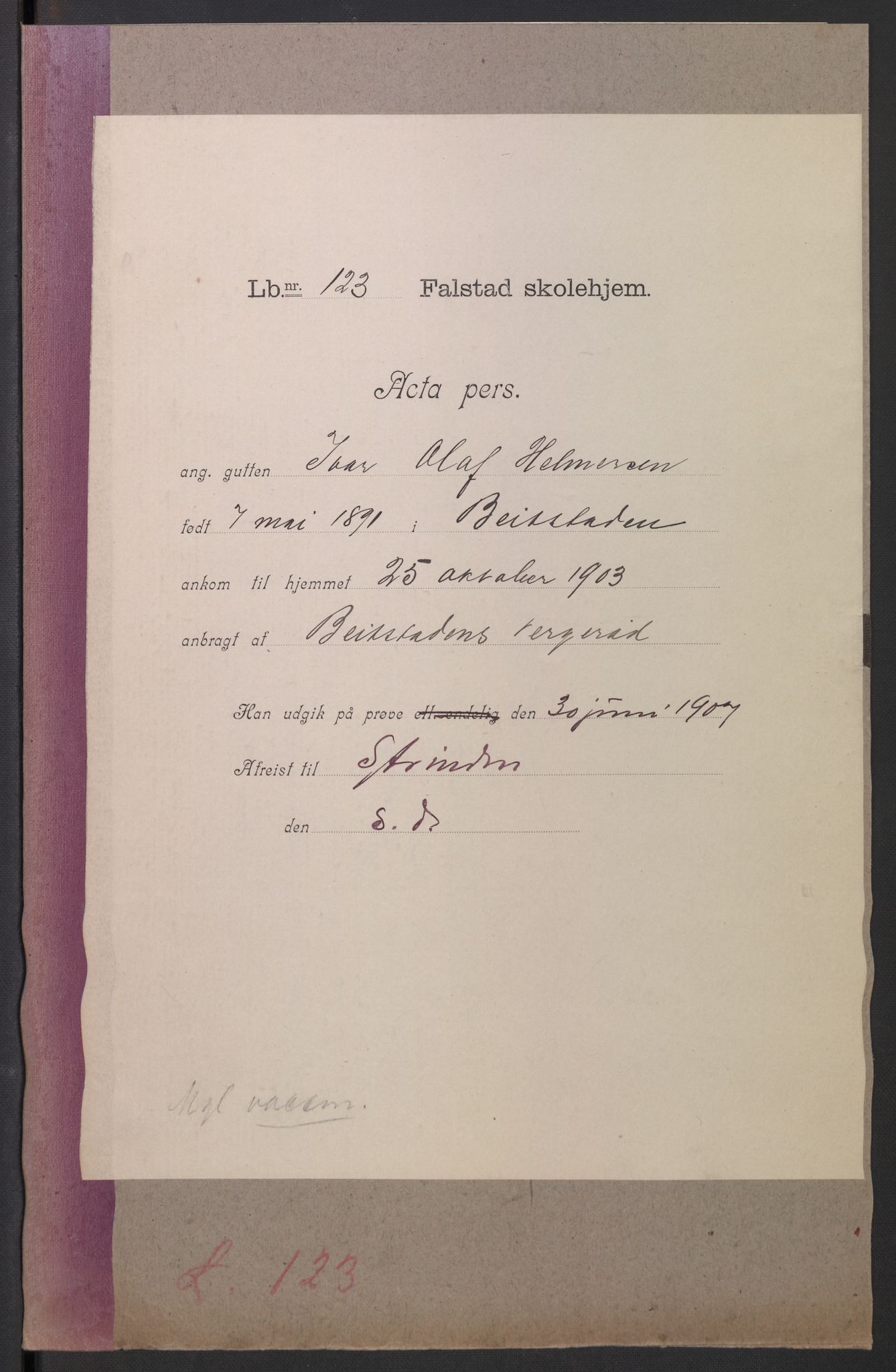Falstad skolehjem, RA/S-1676/E/Eb/L0006: Elevmapper løpenr. 121-145, 1903-1910, p. 17