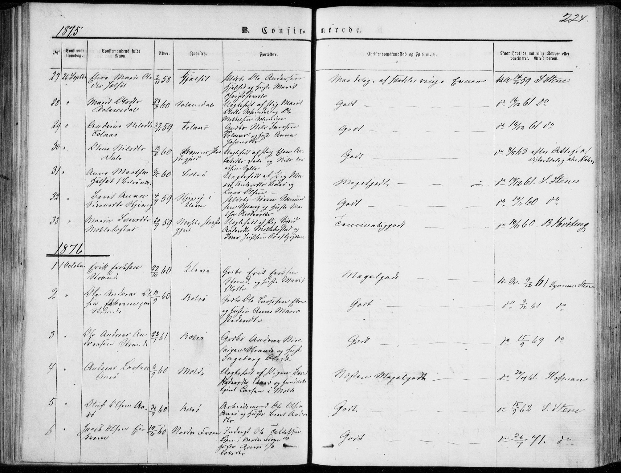 Ministerialprotokoller, klokkerbøker og fødselsregistre - Møre og Romsdal, AV/SAT-A-1454/555/L0655: Parish register (official) no. 555A05, 1869-1886, p. 224