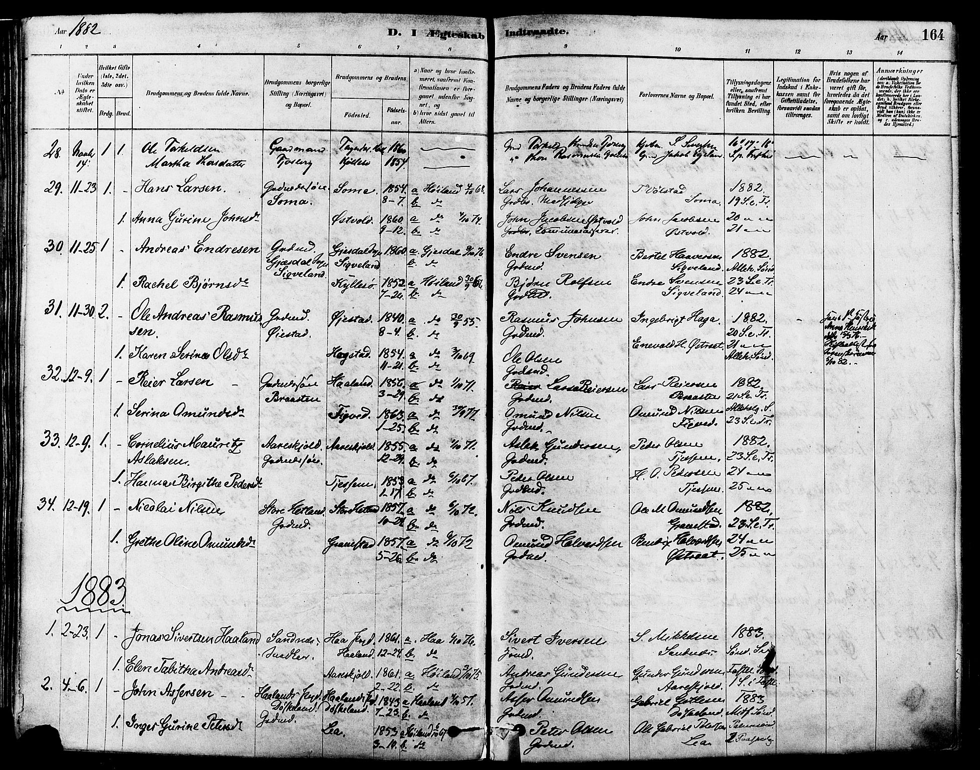 Høyland sokneprestkontor, SAST/A-101799/001/30BA/L0011: Parish register (official) no. A 10, 1878-1888, p. 164