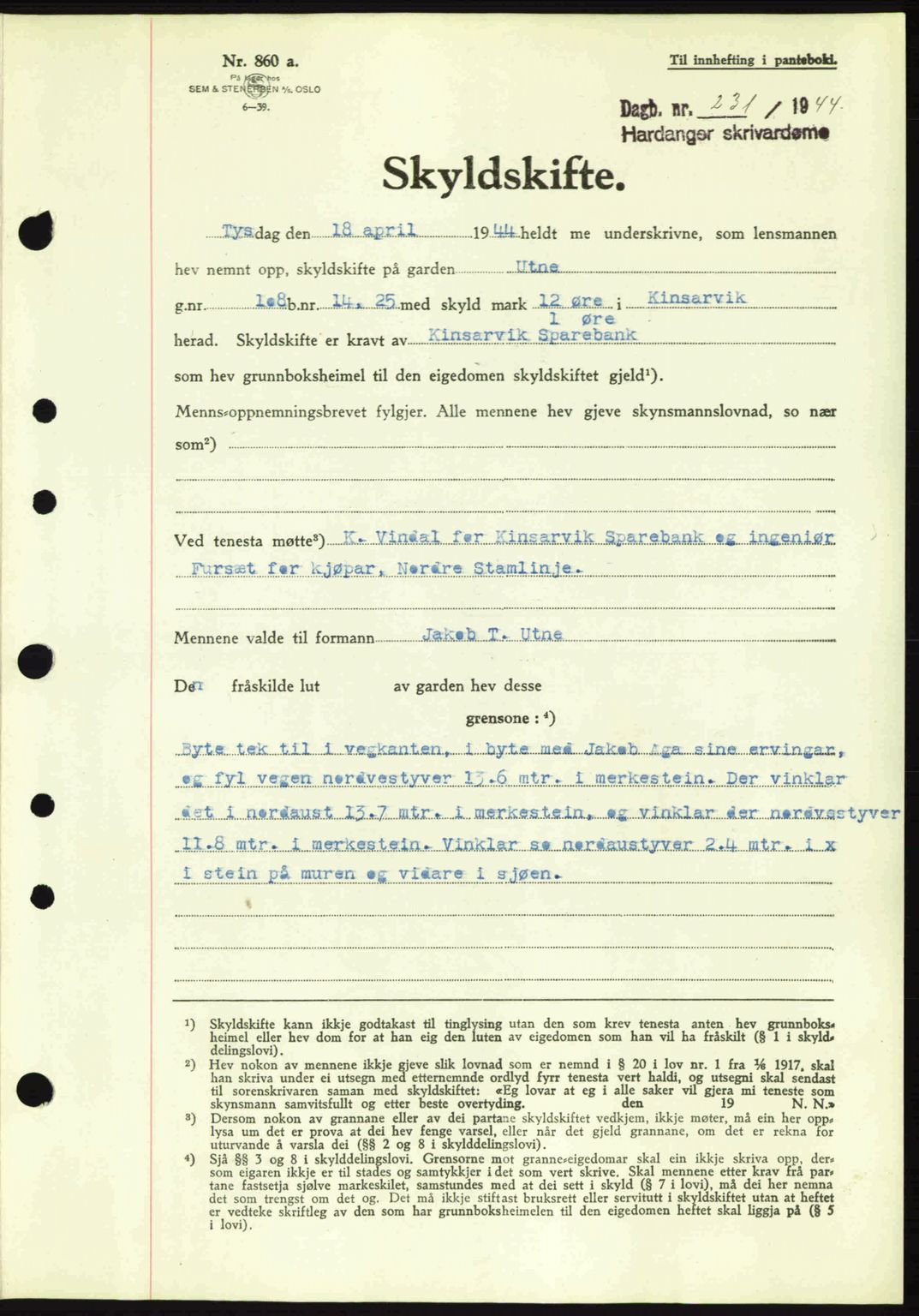 Hardanger sorenskriver, AV/SAB-A-2101/G/Ge/Gec/L0010: Mortgage book no. A10, 1943-1944, Diary no: : 231/1944