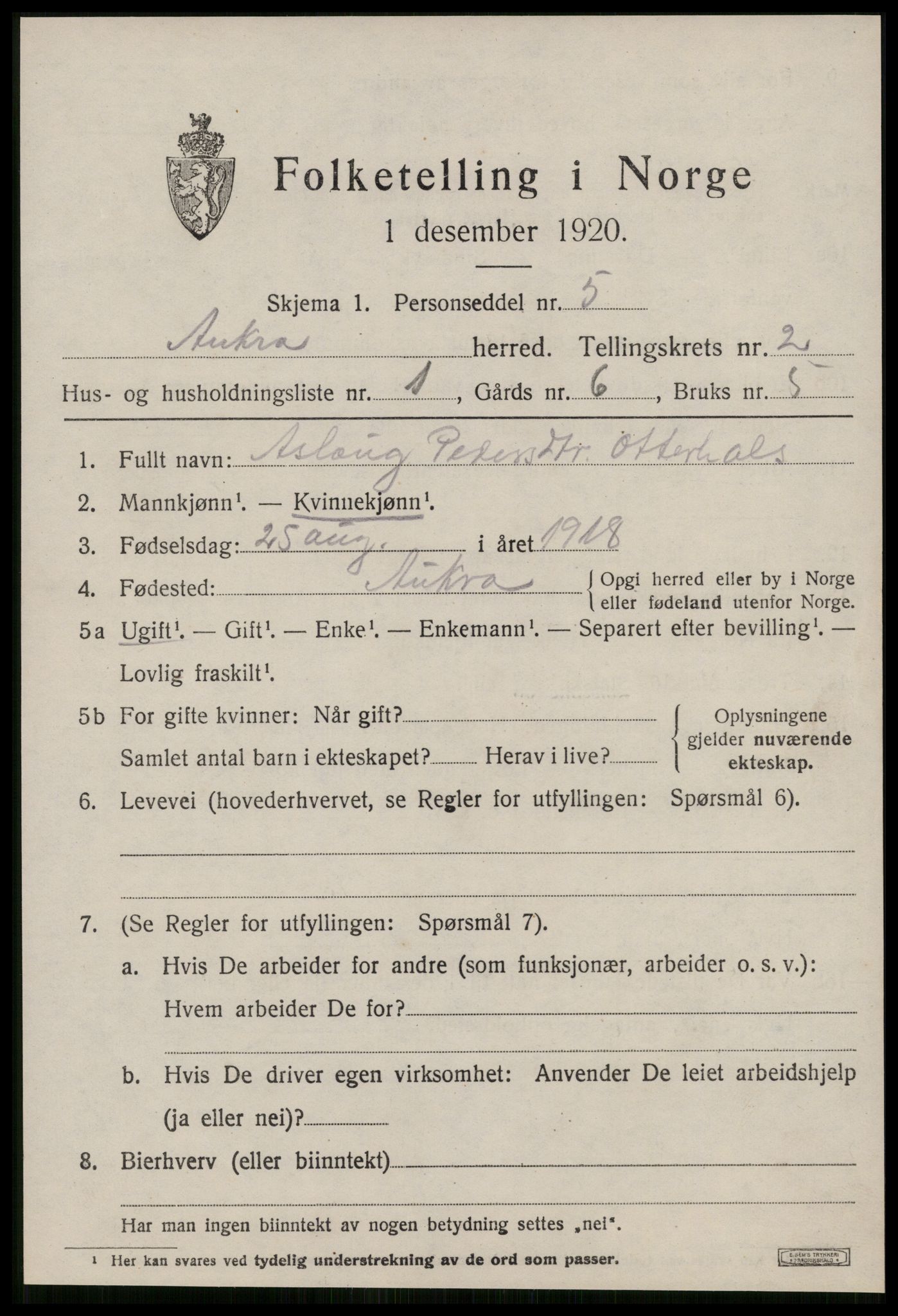 SAT, 1920 census for Aukra, 1920, p. 1619