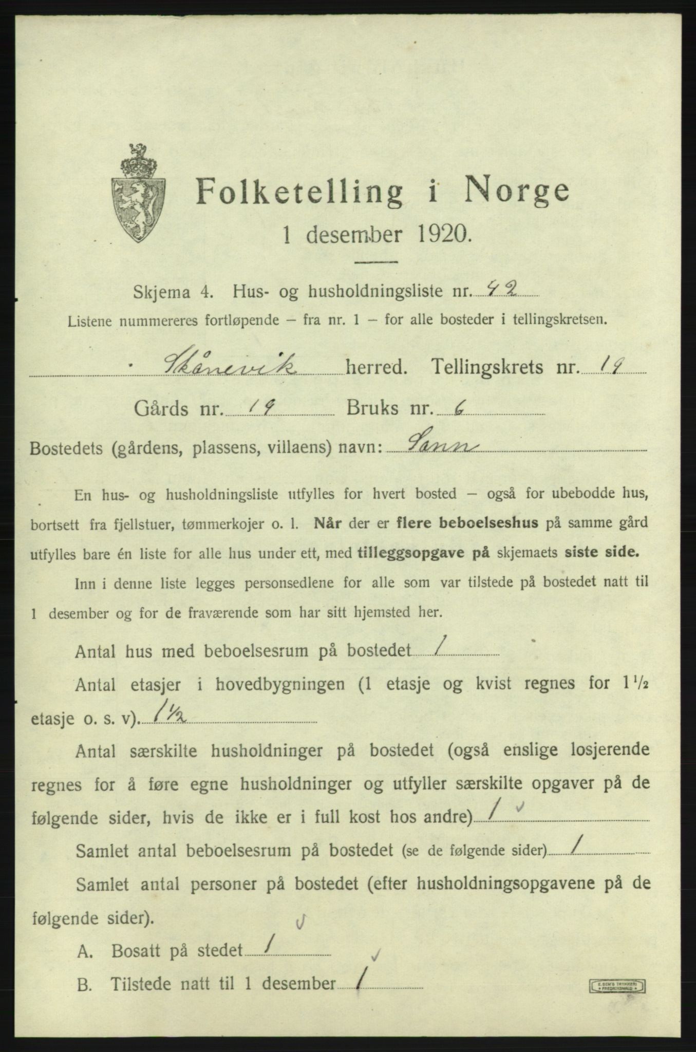 SAB, 1920 census for Skånevik, 1920, p. 1996