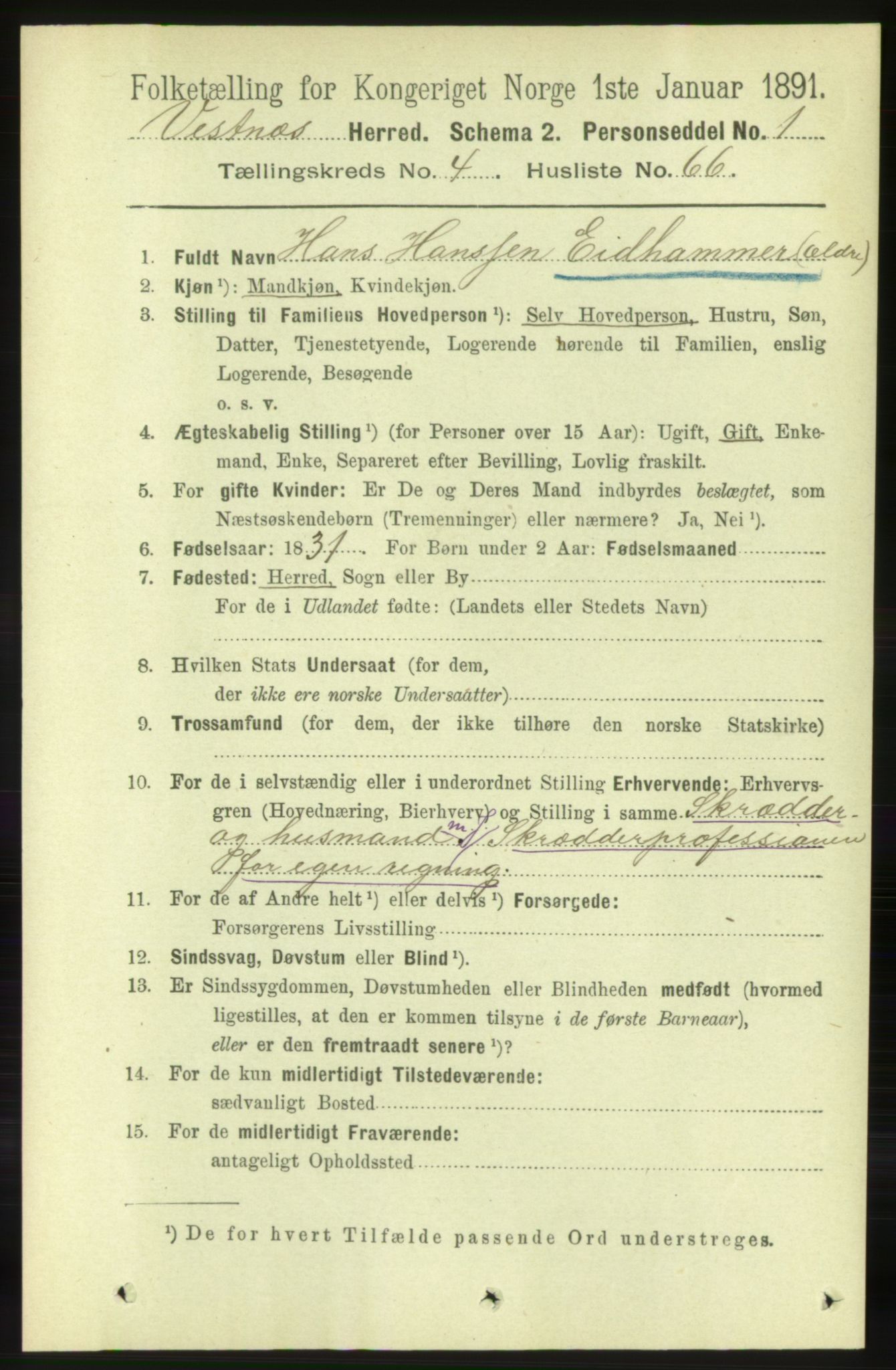 RA, 1891 census for 1535 Vestnes, 1891, p. 1661