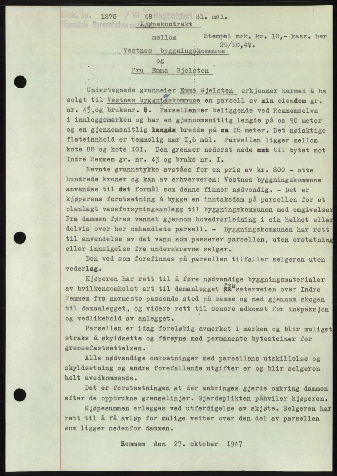 Romsdal sorenskriveri, AV/SAT-A-4149/1/2/2C: Mortgage book no. A26, 1948-1948, Diary no: : 1375/1948