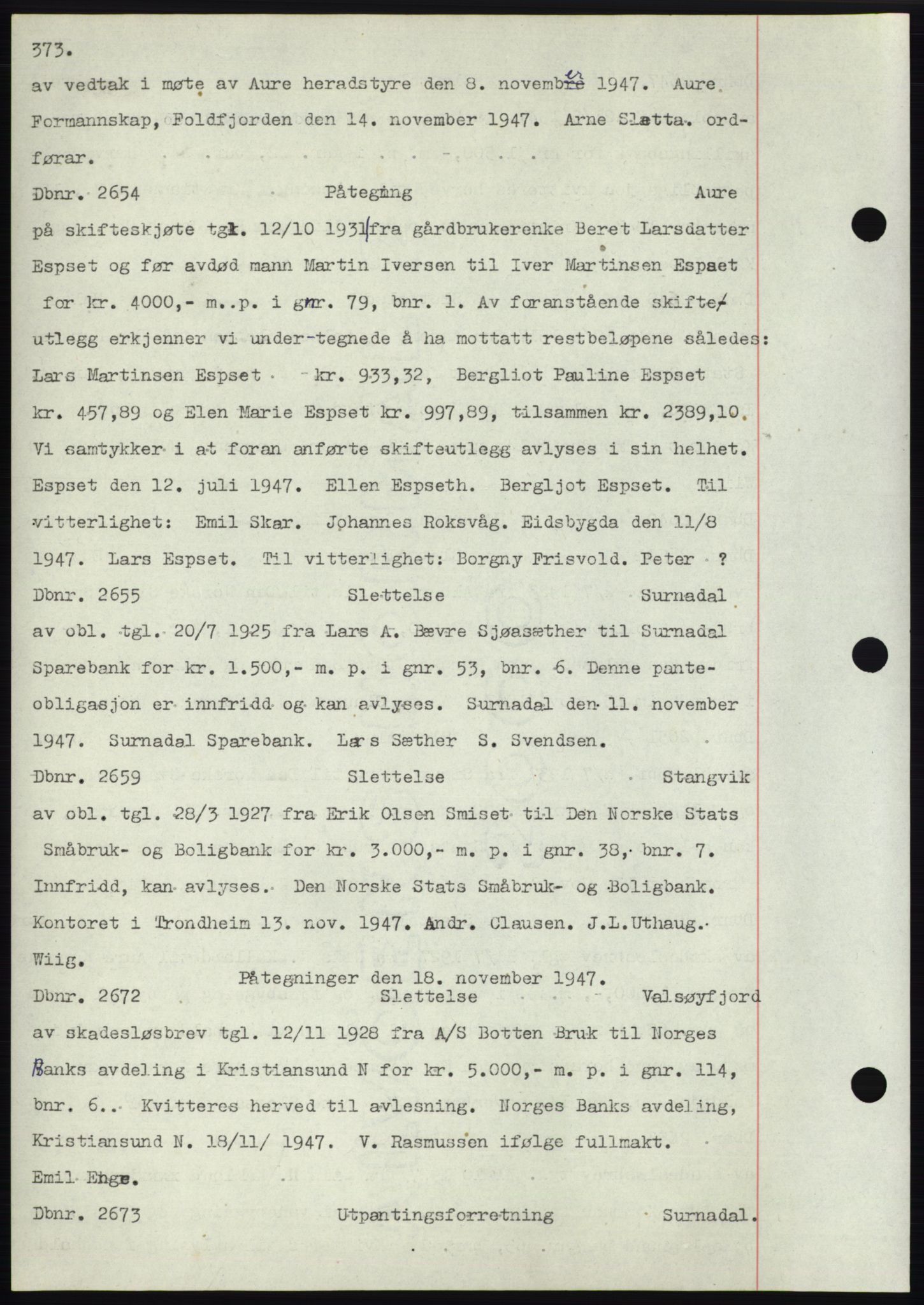 Nordmøre sorenskriveri, SAT/A-4132/1/2/2Ca: Mortgage book no. C82b, 1946-1951, Diary no: : 2654/1947