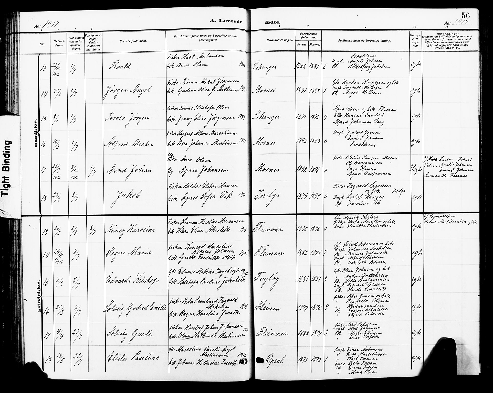 Ministerialprotokoller, klokkerbøker og fødselsregistre - Nordland, AV/SAT-A-1459/805/L0110: Parish register (copy) no. 805C06, 1909-1924, p. 56