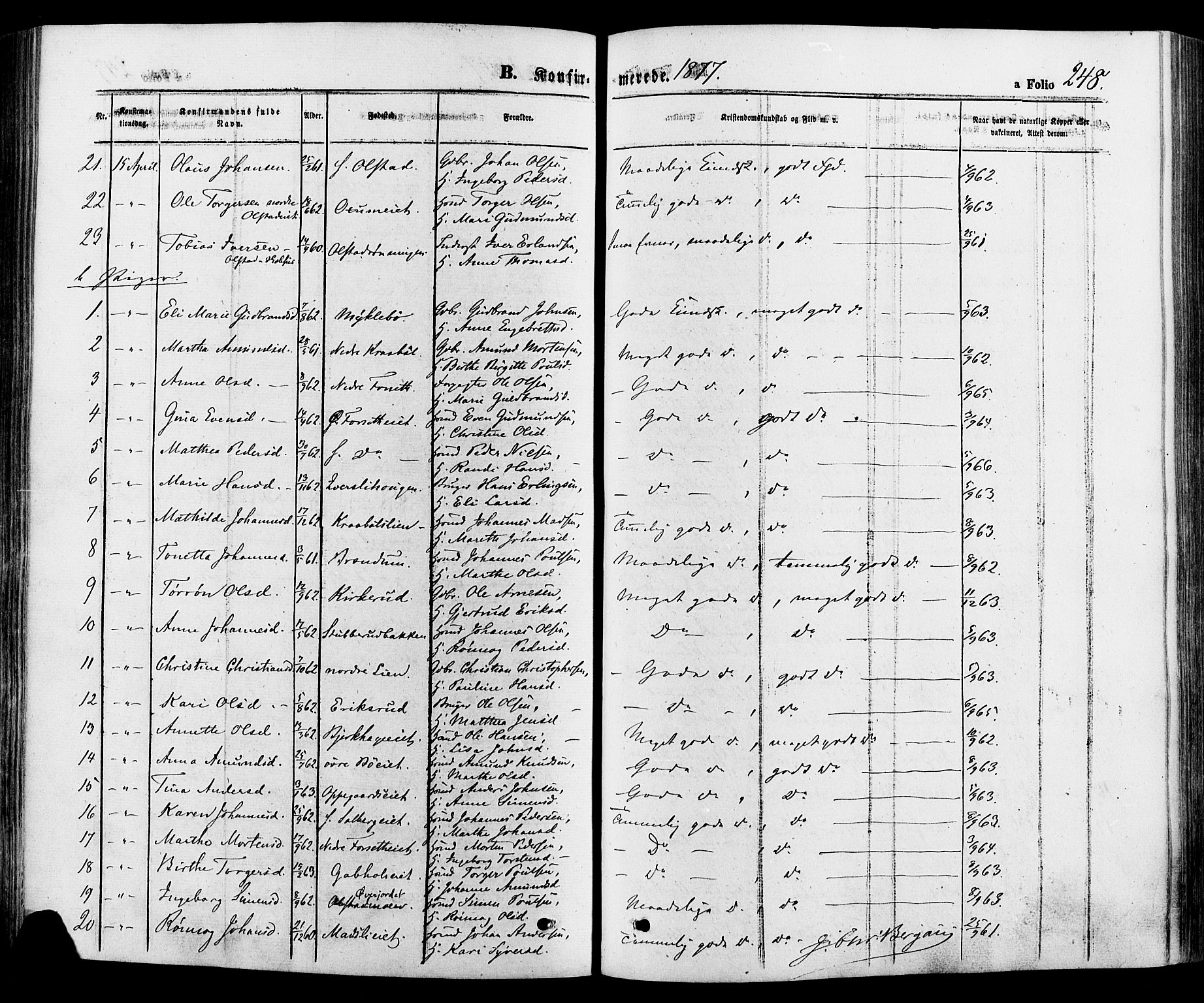 Gausdal prestekontor, SAH/PREST-090/H/Ha/Haa/L0010: Parish register (official) no. 10, 1867-1886, p. 248