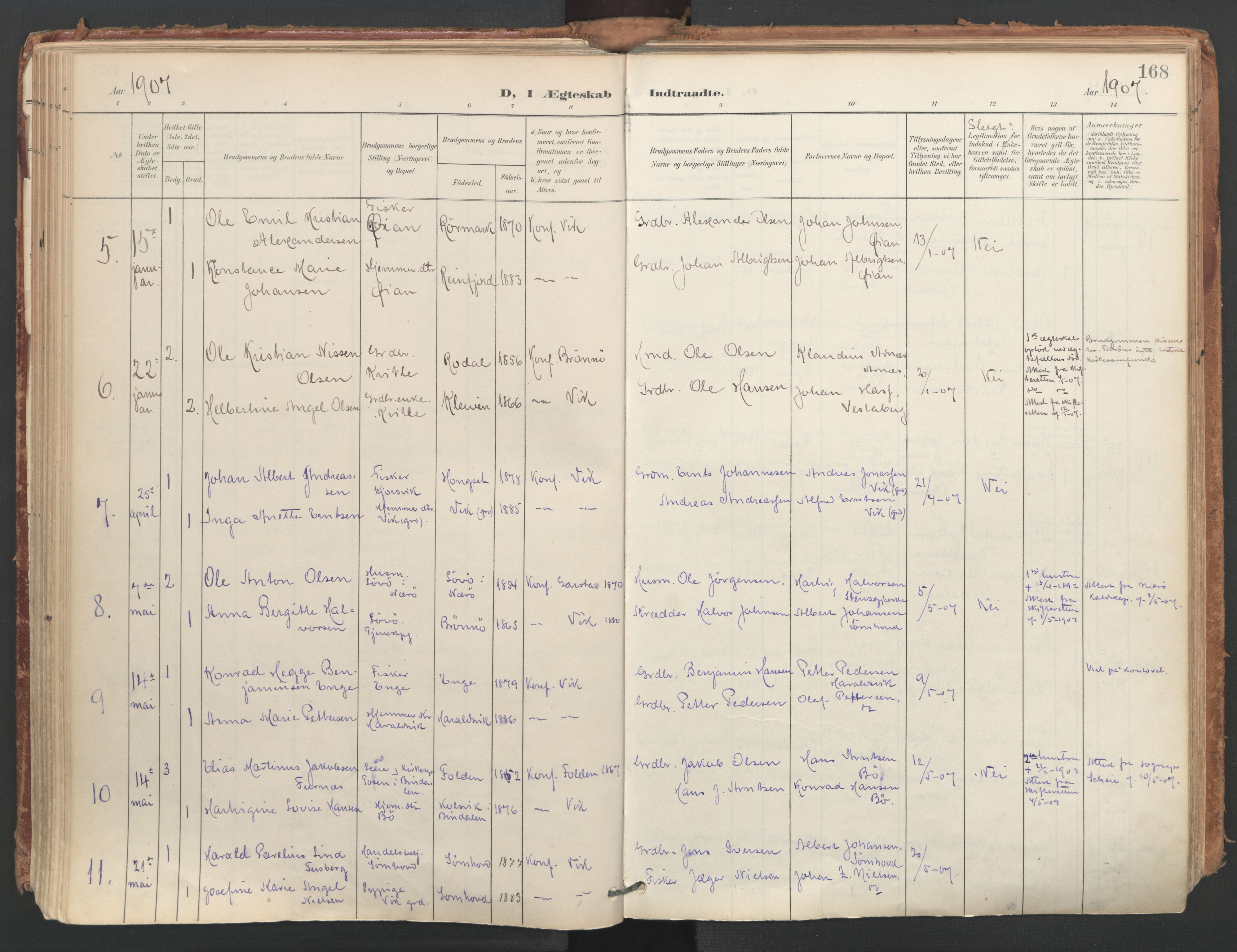 Ministerialprotokoller, klokkerbøker og fødselsregistre - Nordland, AV/SAT-A-1459/812/L0180: Parish register (official) no. 812A09, 1901-1915, p. 168