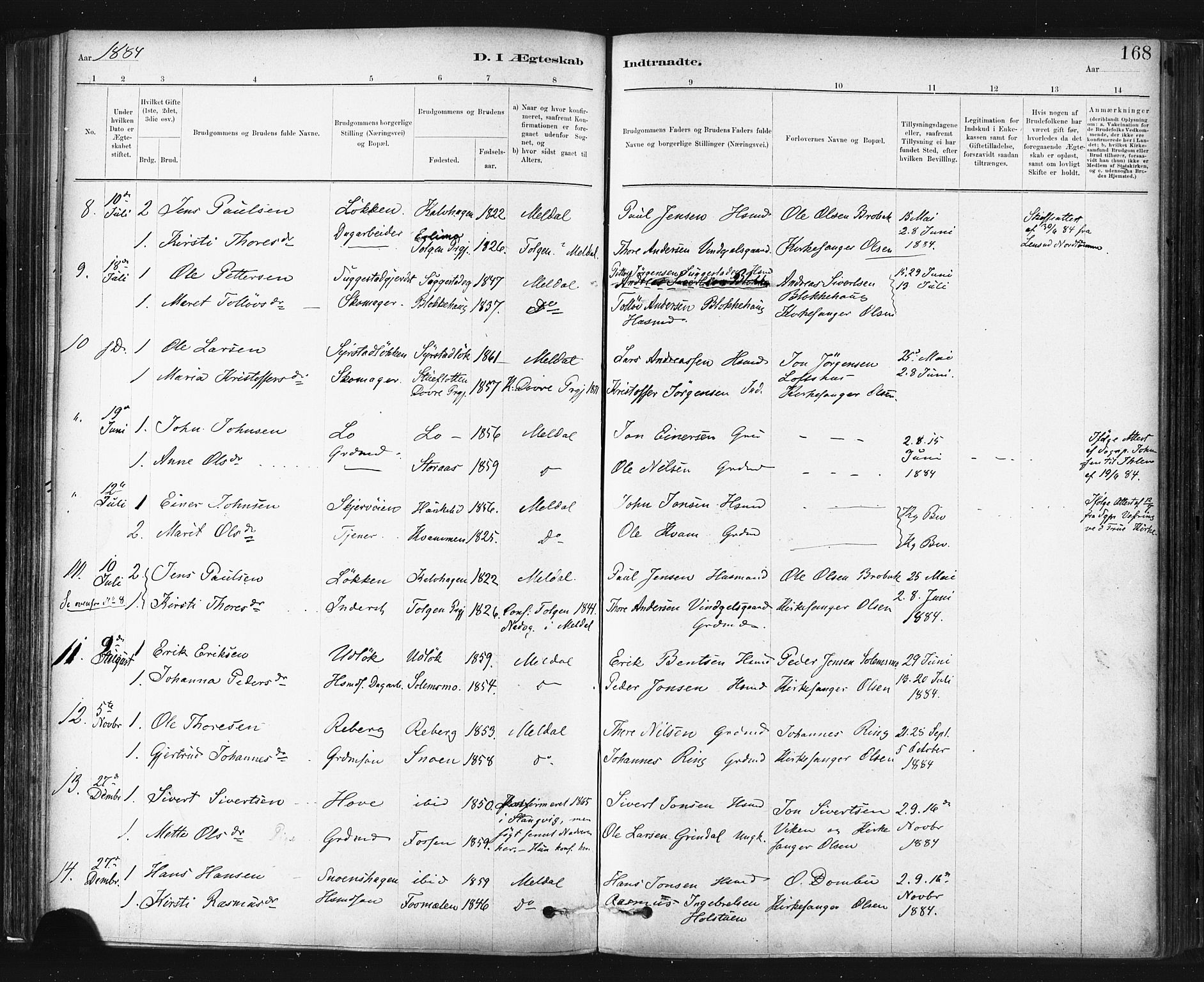Ministerialprotokoller, klokkerbøker og fødselsregistre - Sør-Trøndelag, SAT/A-1456/672/L0857: Parish register (official) no. 672A09, 1882-1893, p. 168