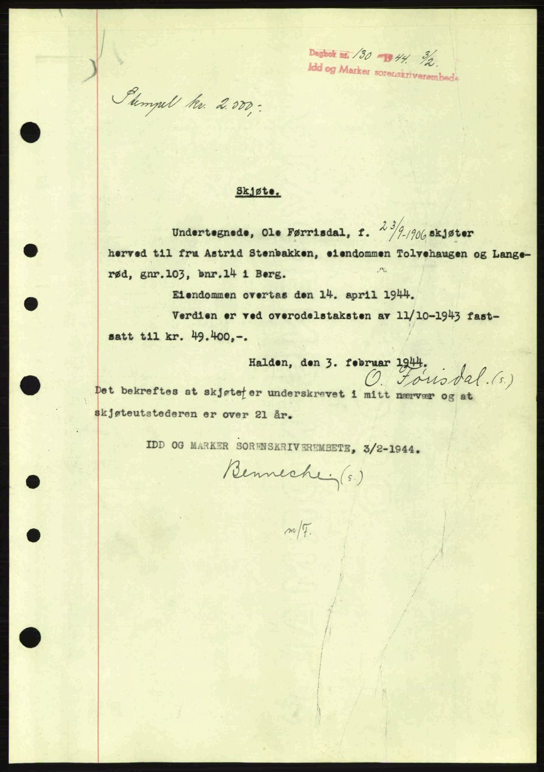 Idd og Marker sorenskriveri, AV/SAO-A-10283/G/Gb/Gbb/L0006: Mortgage book no. A6, 1943-1944, Diary no: : 130/1944