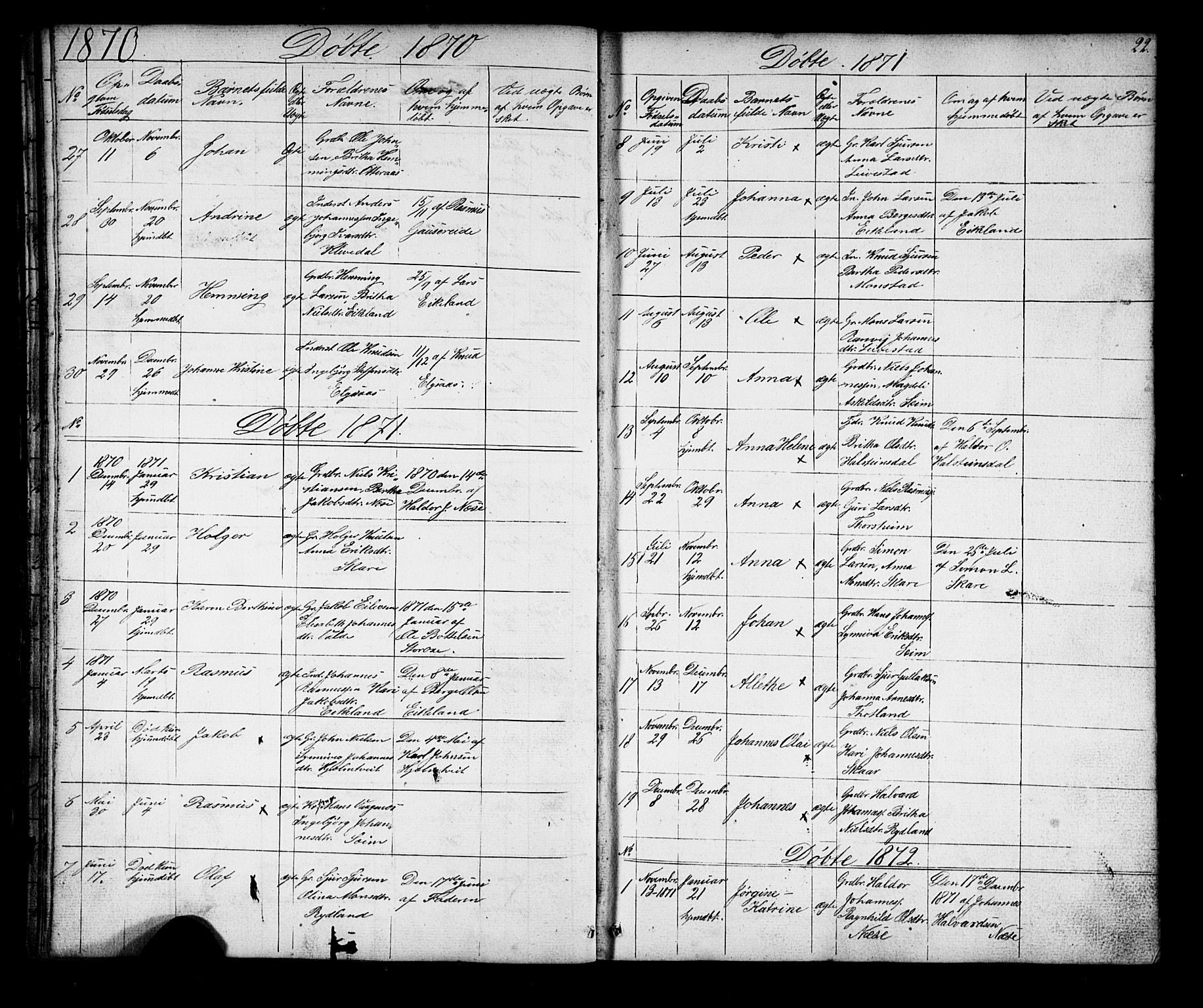 Alversund Sokneprestembete, SAB/A-73901/H/Ha/Hab: Parish register (copy) no. D 2, 1851-1889, p. 22