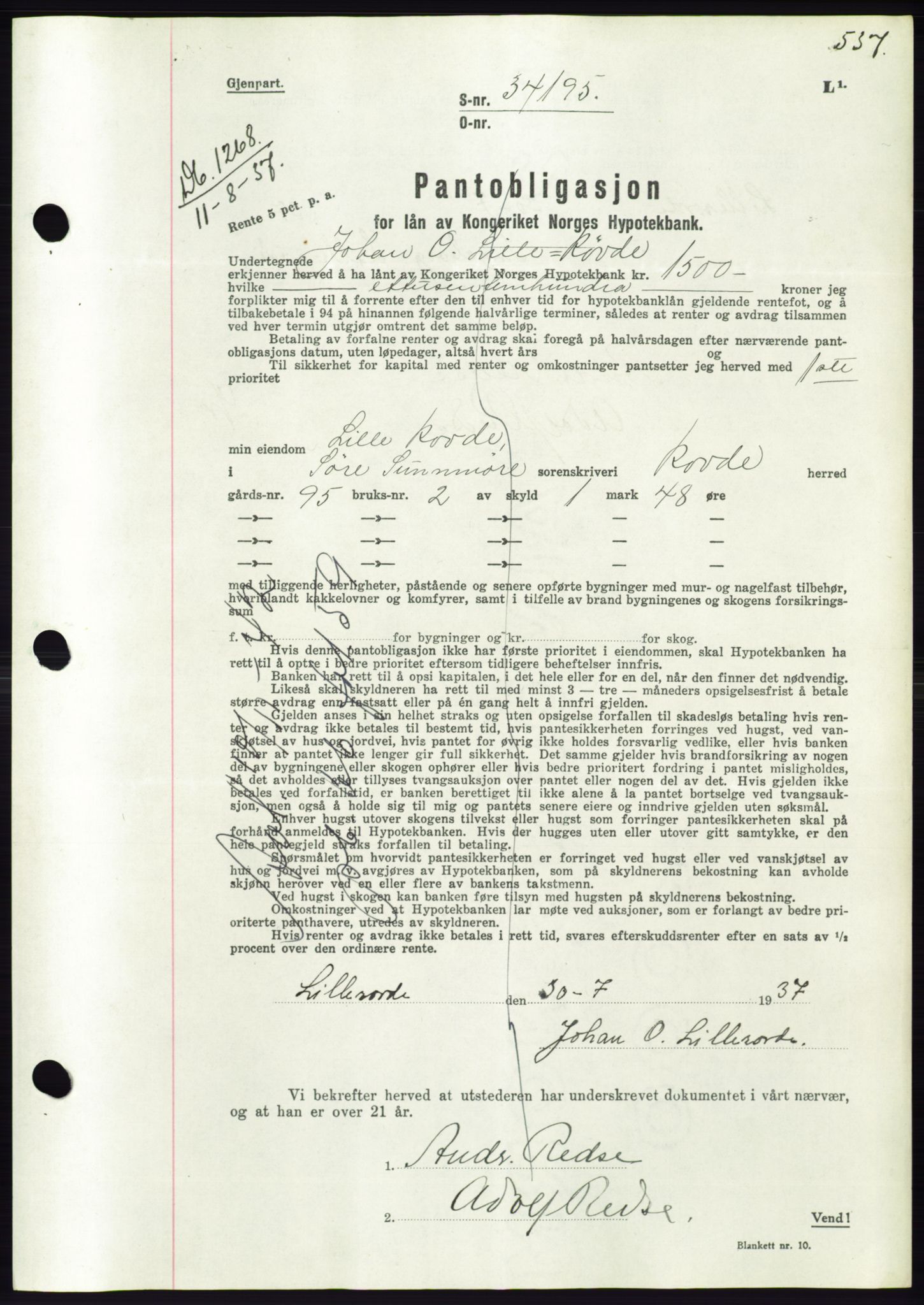 Søre Sunnmøre sorenskriveri, AV/SAT-A-4122/1/2/2C/L0063: Mortgage book no. 57, 1937-1937, Diary no: : 1268/1937