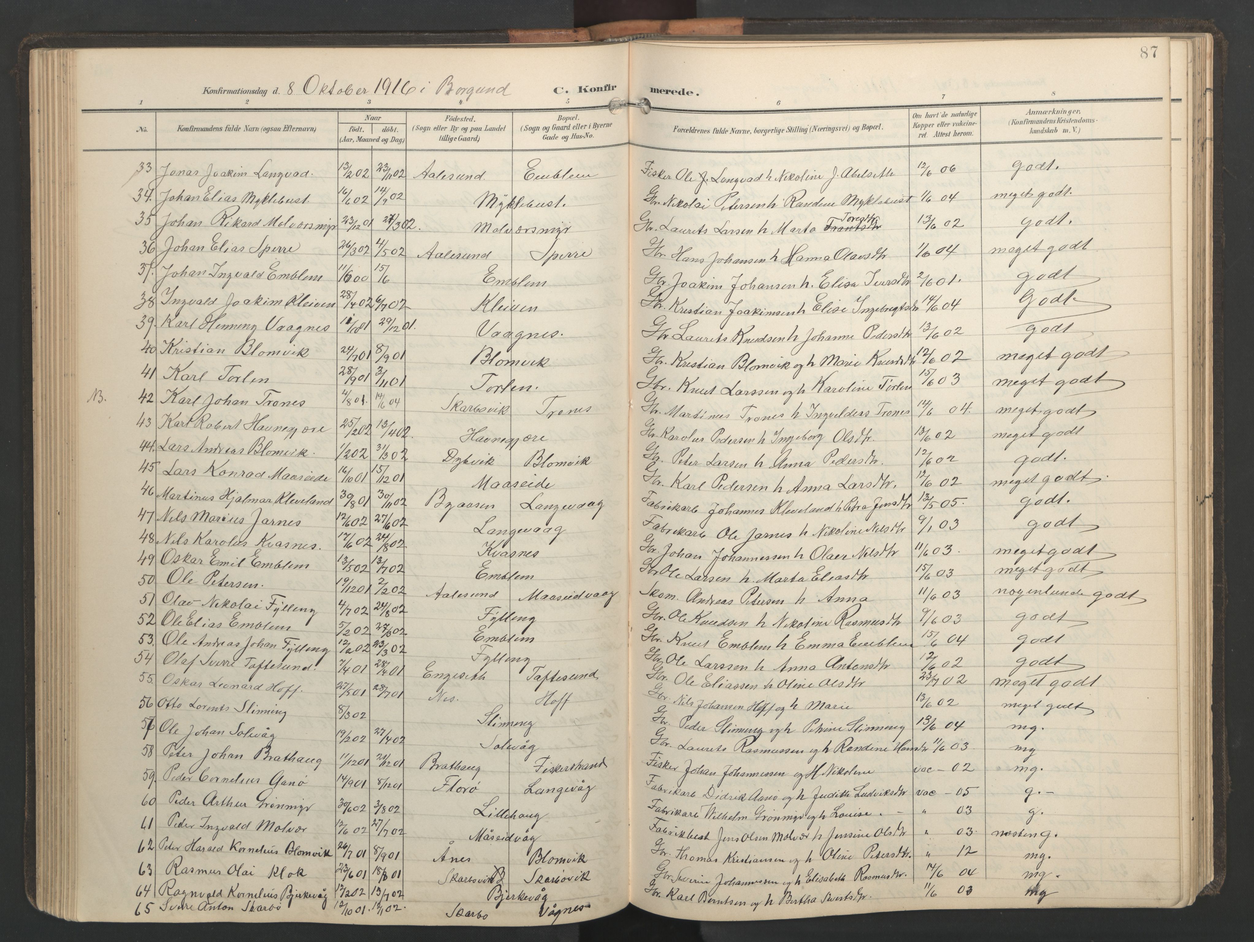 Ministerialprotokoller, klokkerbøker og fødselsregistre - Møre og Romsdal, AV/SAT-A-1454/528/L0433: Parish register (copy) no. 528C14, 1899-1922, p. 87