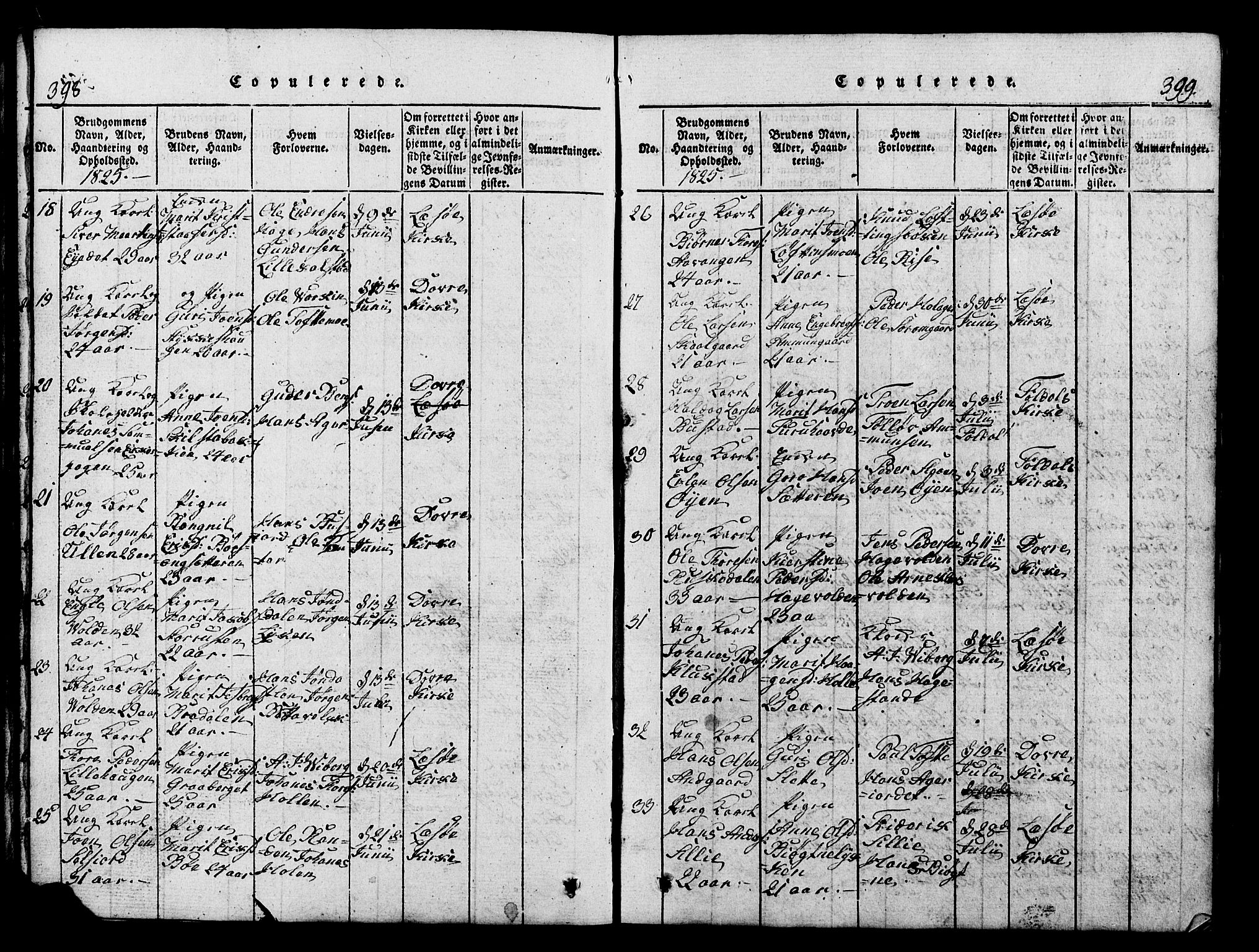Lesja prestekontor, SAH/PREST-068/H/Ha/Hab/L0001: Parish register (copy) no. 1, 1820-1831, p. 398-399