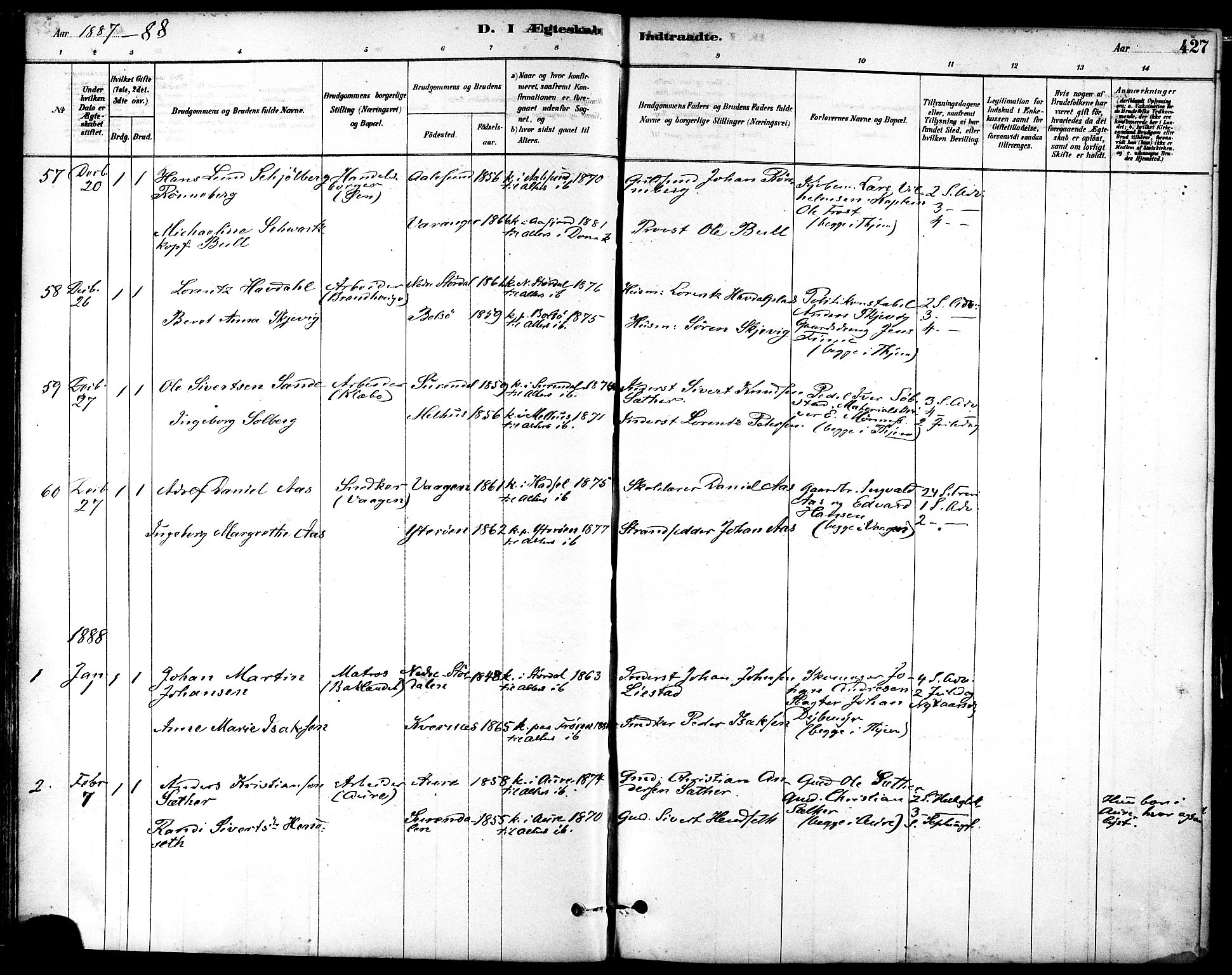 Ministerialprotokoller, klokkerbøker og fødselsregistre - Sør-Trøndelag, SAT/A-1456/601/L0058: Parish register (official) no. 601A26, 1877-1891, p. 427