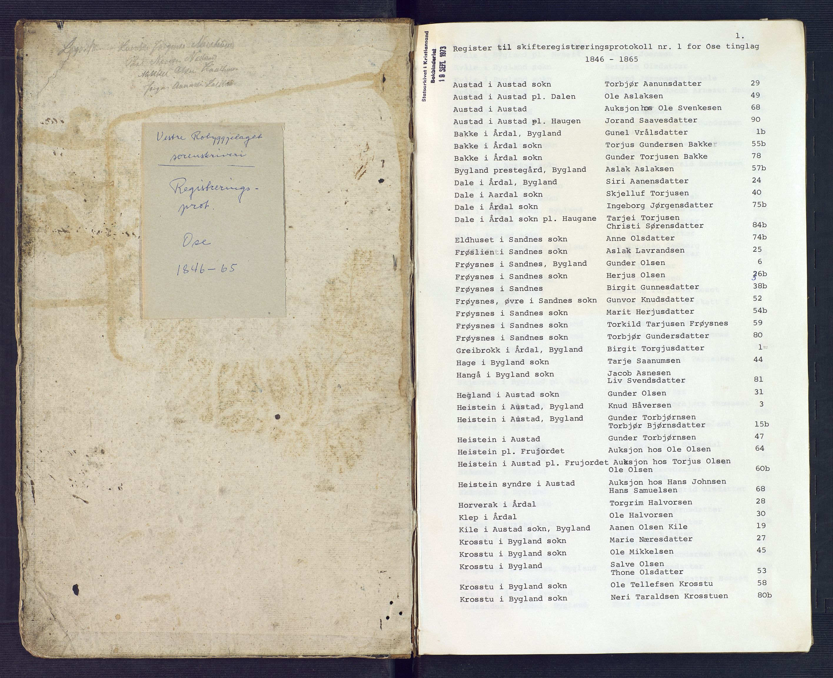 Setesdal sorenskriveri, SAK/1221-0011/H/Hc/L0026: Skifteregistreringsprotokoll nr 1 Ose tinglag med register, inneholder auksjoner fra 1860, 1846-1865, p. 1