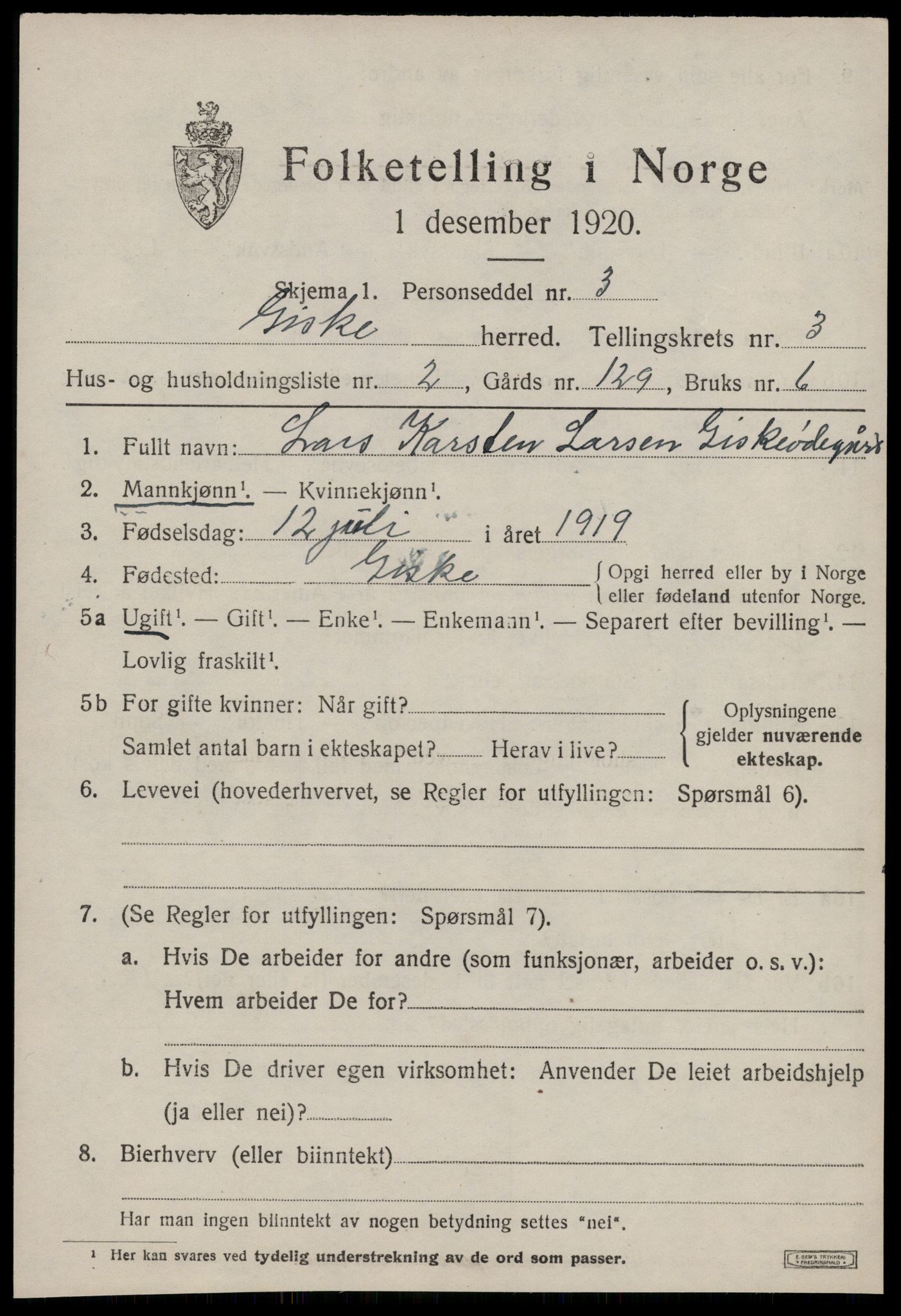 SAT, 1920 census for Giske, 1920, p. 1680