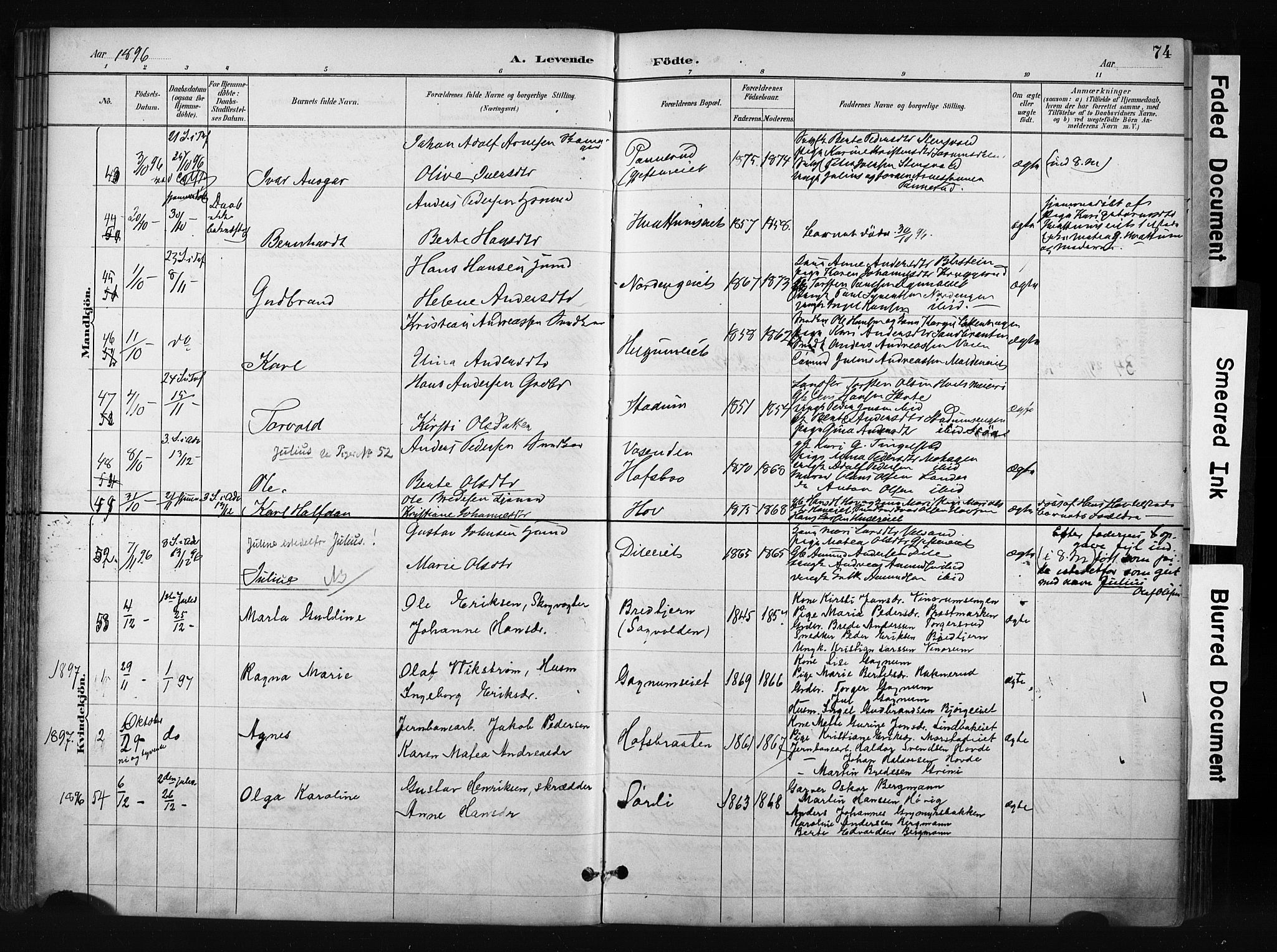 Gran prestekontor, SAH/PREST-112/H/Ha/Haa/L0017: Parish register (official) no. 17, 1889-1897, p. 74