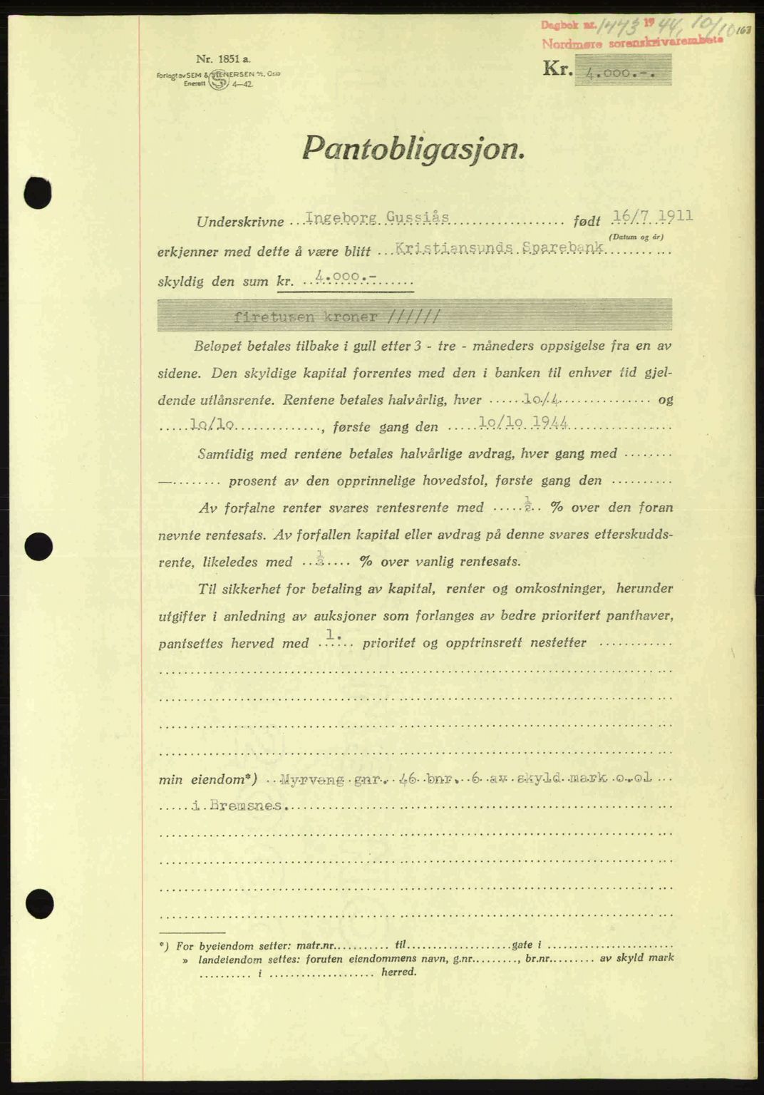 Nordmøre sorenskriveri, AV/SAT-A-4132/1/2/2Ca: Mortgage book no. B92, 1944-1945, Diary no: : 1773/1944