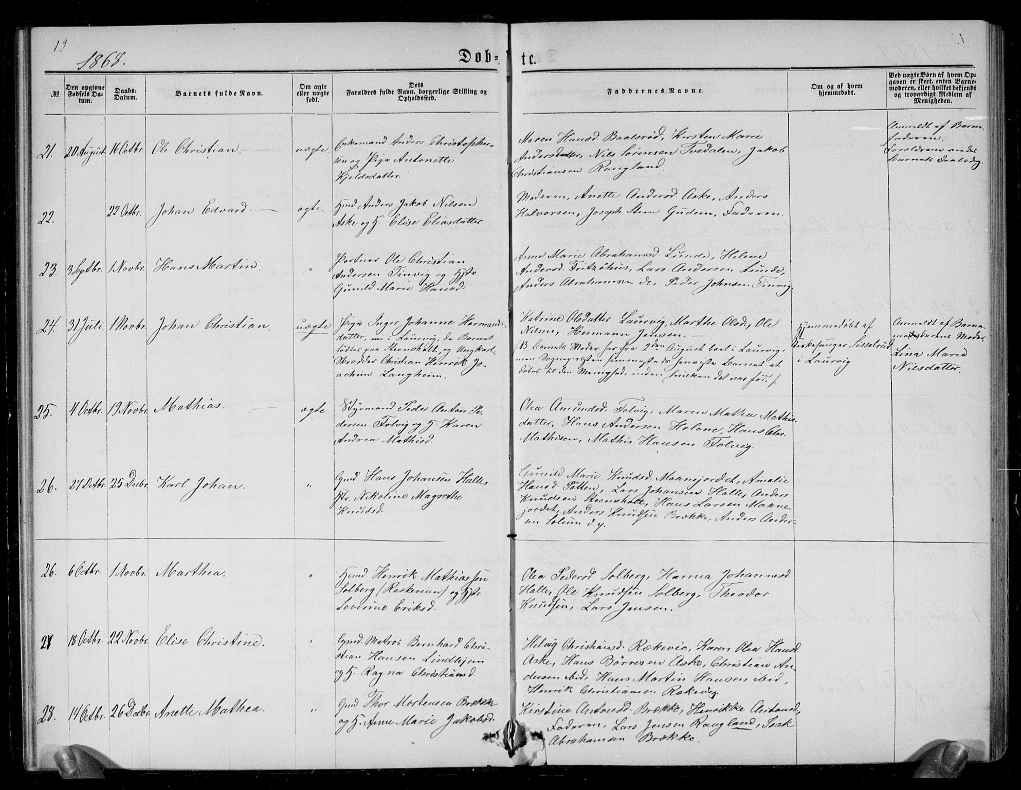 Brunlanes kirkebøker, SAKO/A-342/G/Ga/L0002: Parish register (copy) no. I 2, 1866-1876, p. 19