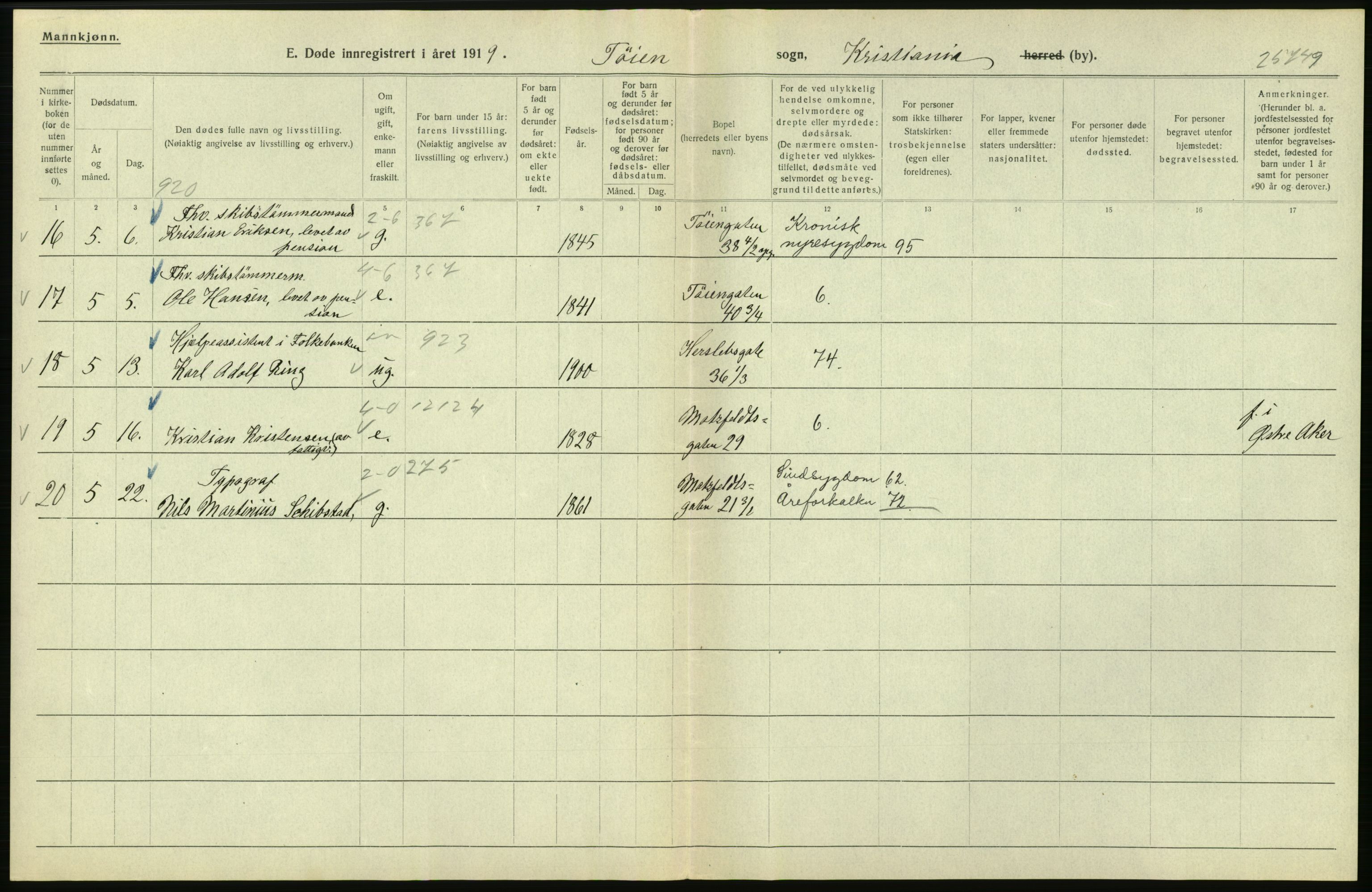 Statistisk sentralbyrå, Sosiodemografiske emner, Befolkning, RA/S-2228/D/Df/Dfb/Dfbi/L0010: Kristiania: Døde, 1919, p. 476