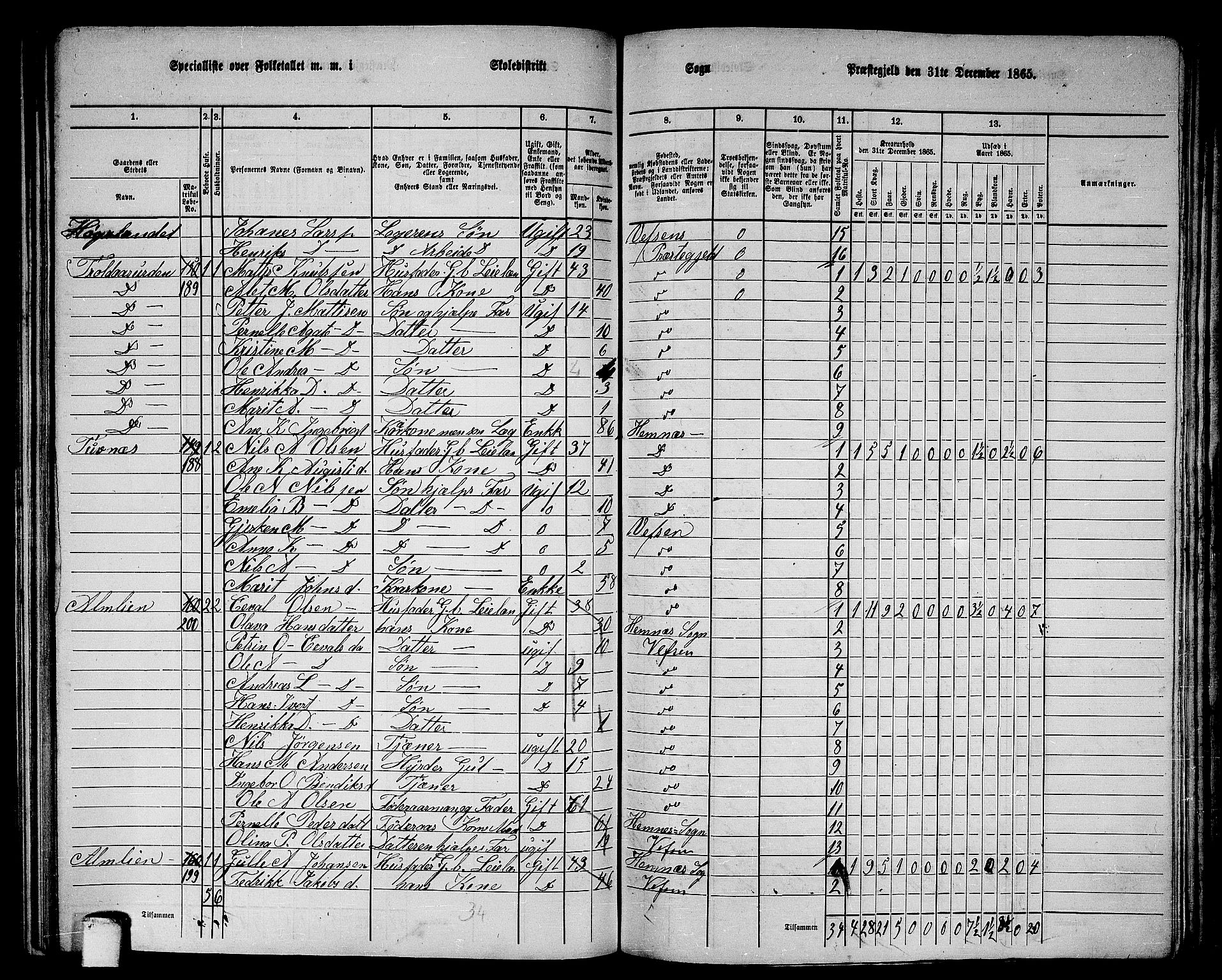 RA, 1865 census for Vefsn, 1865, p. 164