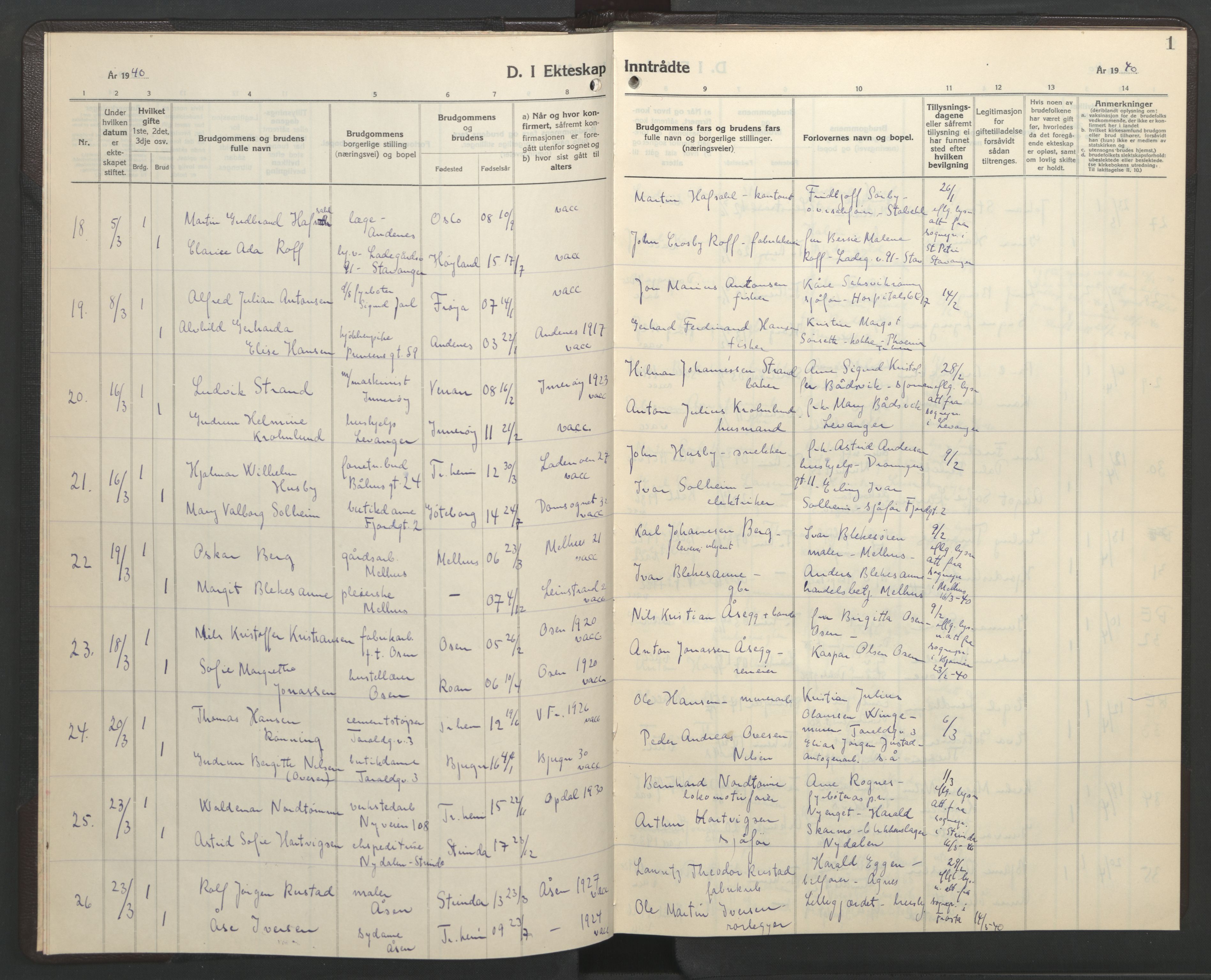 Ministerialprotokoller, klokkerbøker og fødselsregistre - Sør-Trøndelag, SAT/A-1456/602/L0154: Parish register (copy) no. 602C22, 1940-1947, p. 1
