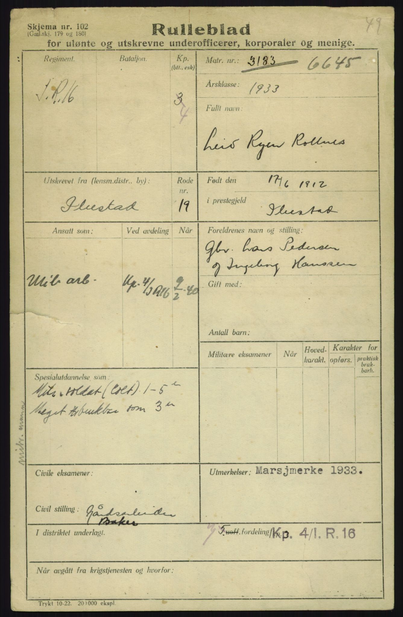 Forsvaret, Troms infanteriregiment nr. 16, AV/RA-RAFA-3146/P/Pa/L0017: Rulleblad for regimentets menige mannskaper, årsklasse 1933, 1933, p. 1097