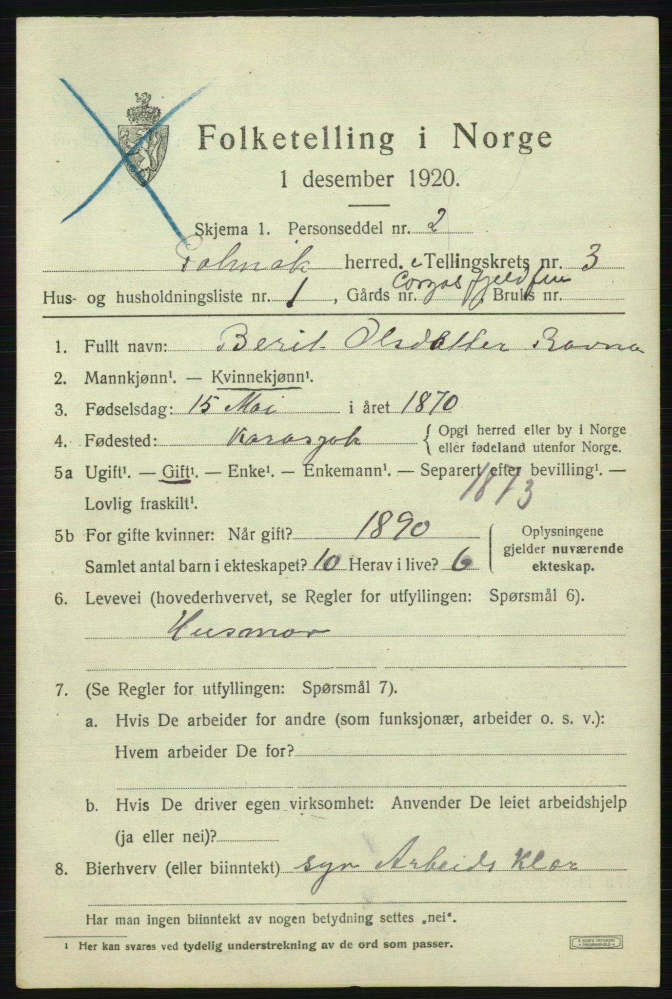 SATØ, 1920 census for Polmak, 1920, p. 1325