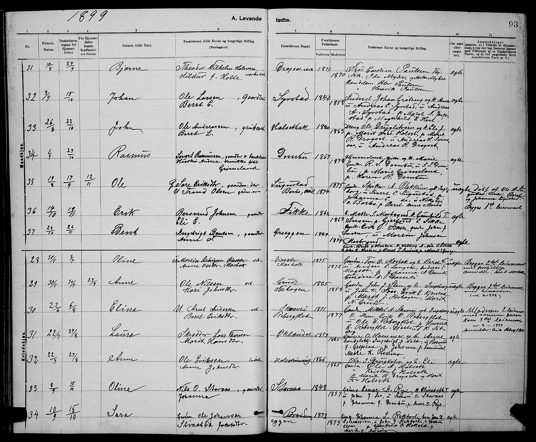 Ministerialprotokoller, klokkerbøker og fødselsregistre - Sør-Trøndelag, SAT/A-1456/672/L0863: Parish register (copy) no. 672C02, 1888-1901, p. 93