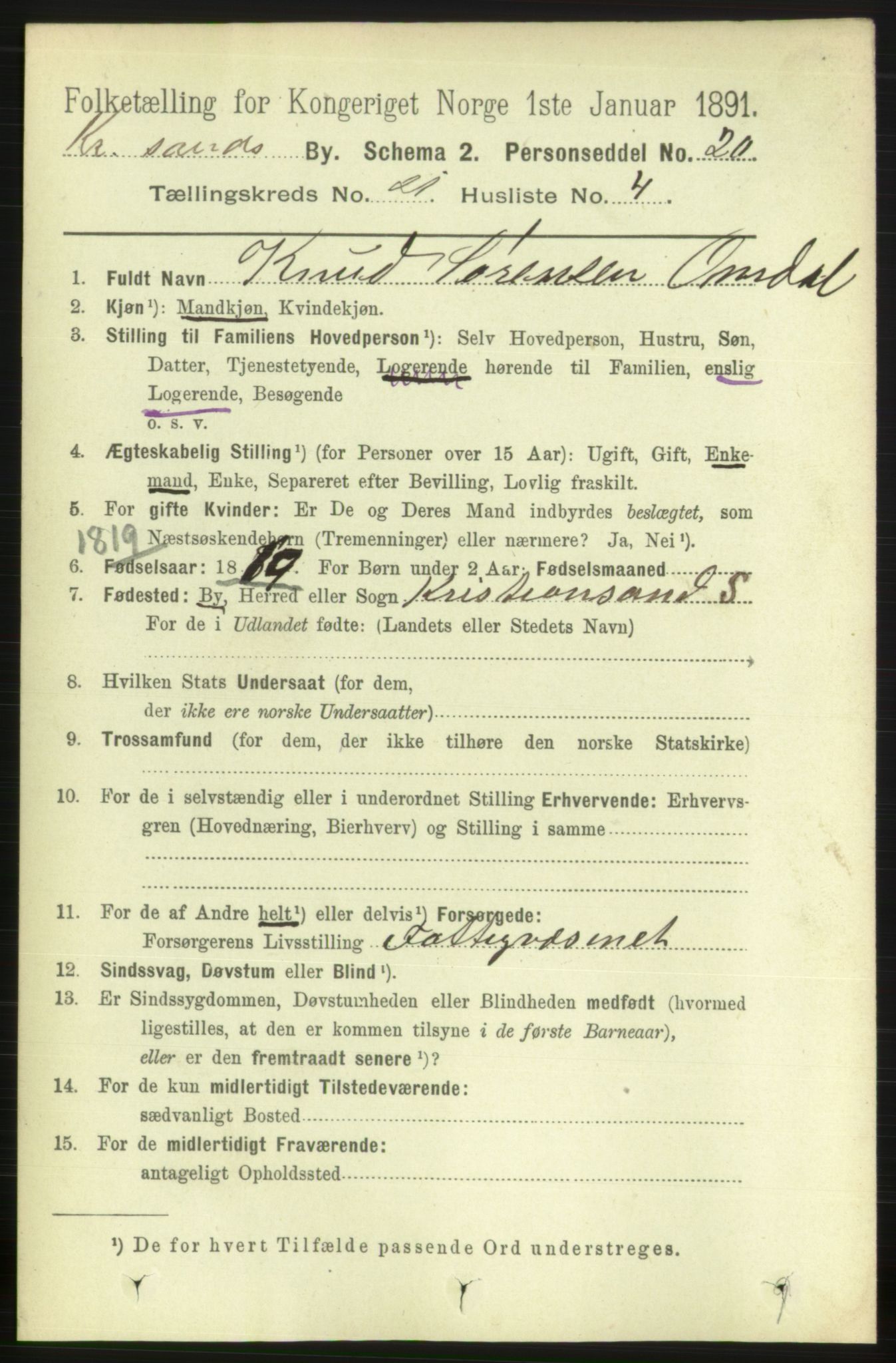 RA, 1891 census for 1001 Kristiansand, 1891, p. 7893